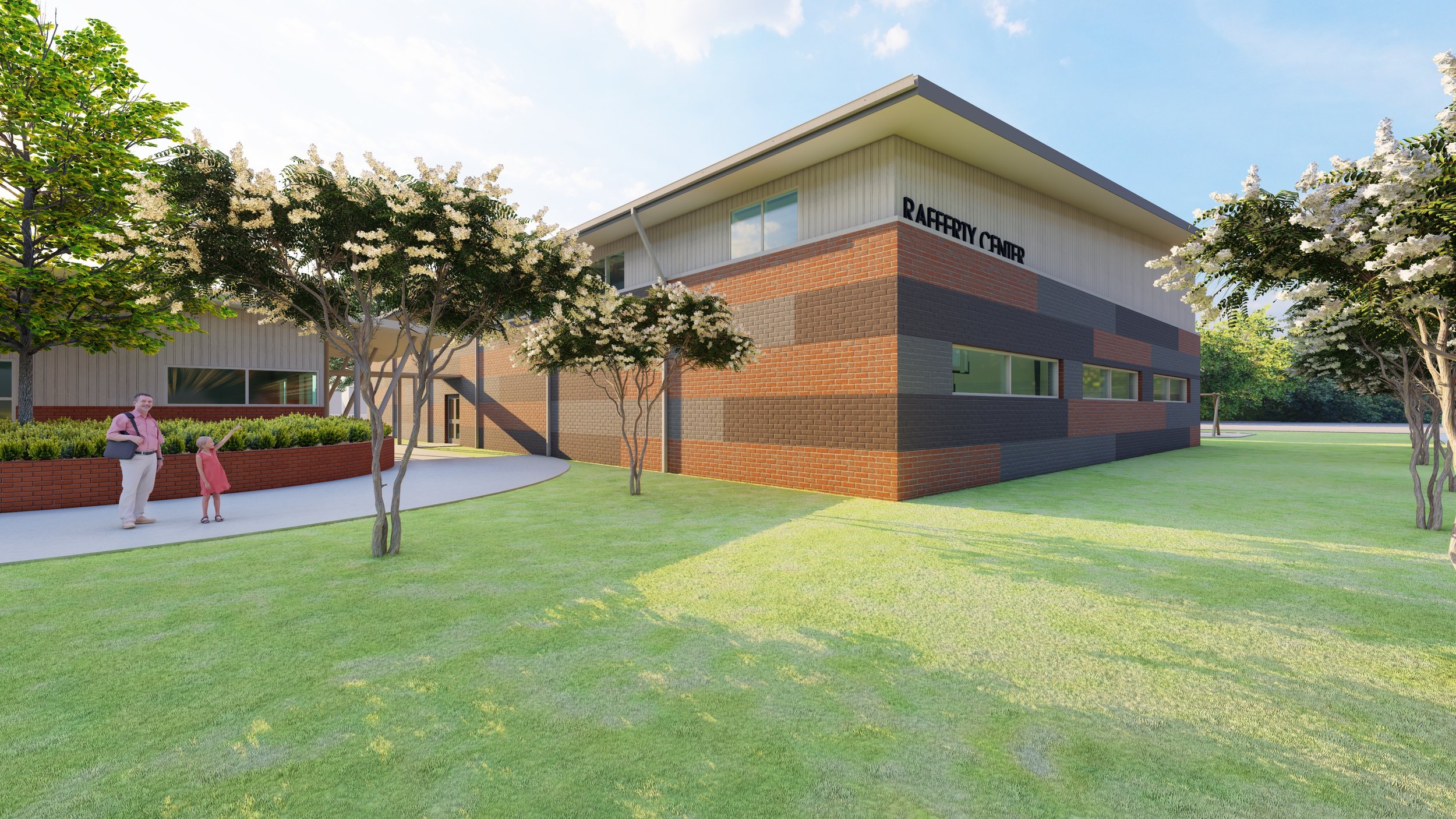 A modern building rendering labeled 'Rafferty Center' with a 3 color brick and siding exterior, surrounded by a well-maintained grassy area, trees with white blossoms, a paved walkway, and two people, one adult and one child, walking nearby.