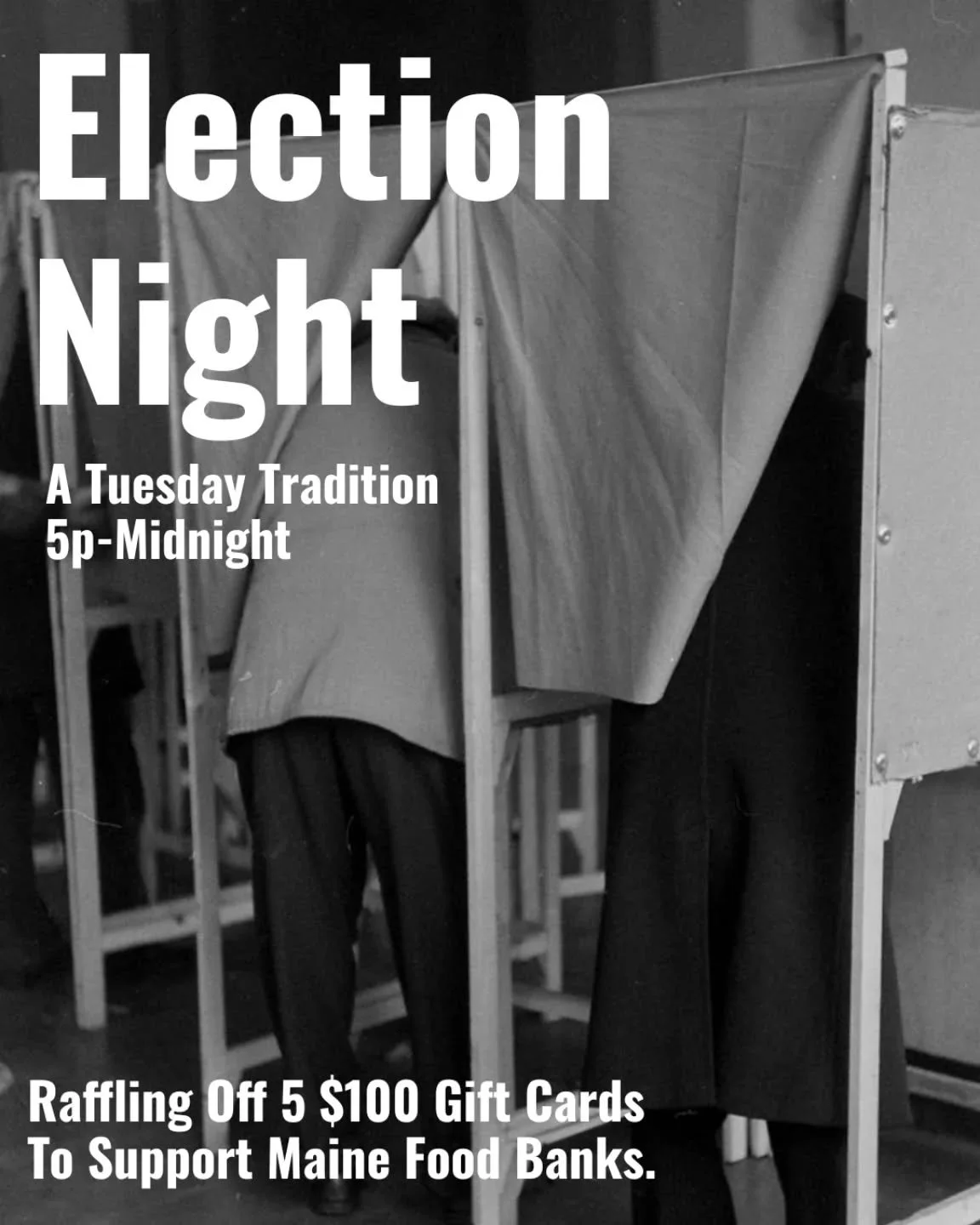 A night of important fun and fundraising. 

Come out for the only Tuesday we open, Election Night. 

Grab a drink, purchase a few $10 raffle tickets, play some games and talk about how we can make our community a better place. 

We'll pick 5 winners 
