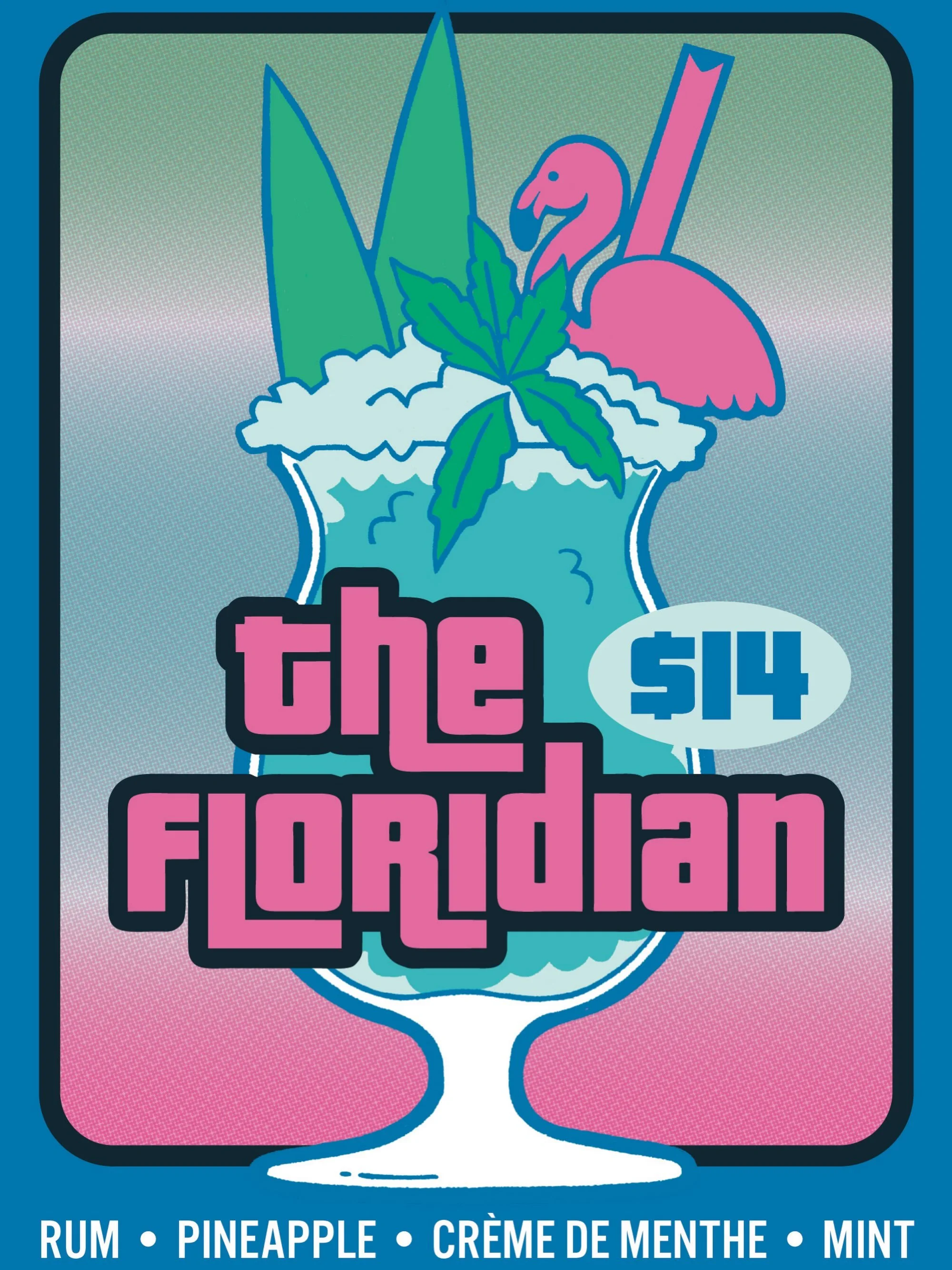 Meet The Floridian. 🦩
Rum, fluffy pineapple, cr&egrave;me de menthe, and fresh mint. Available starting Saturday during our Vice City Dance Party.