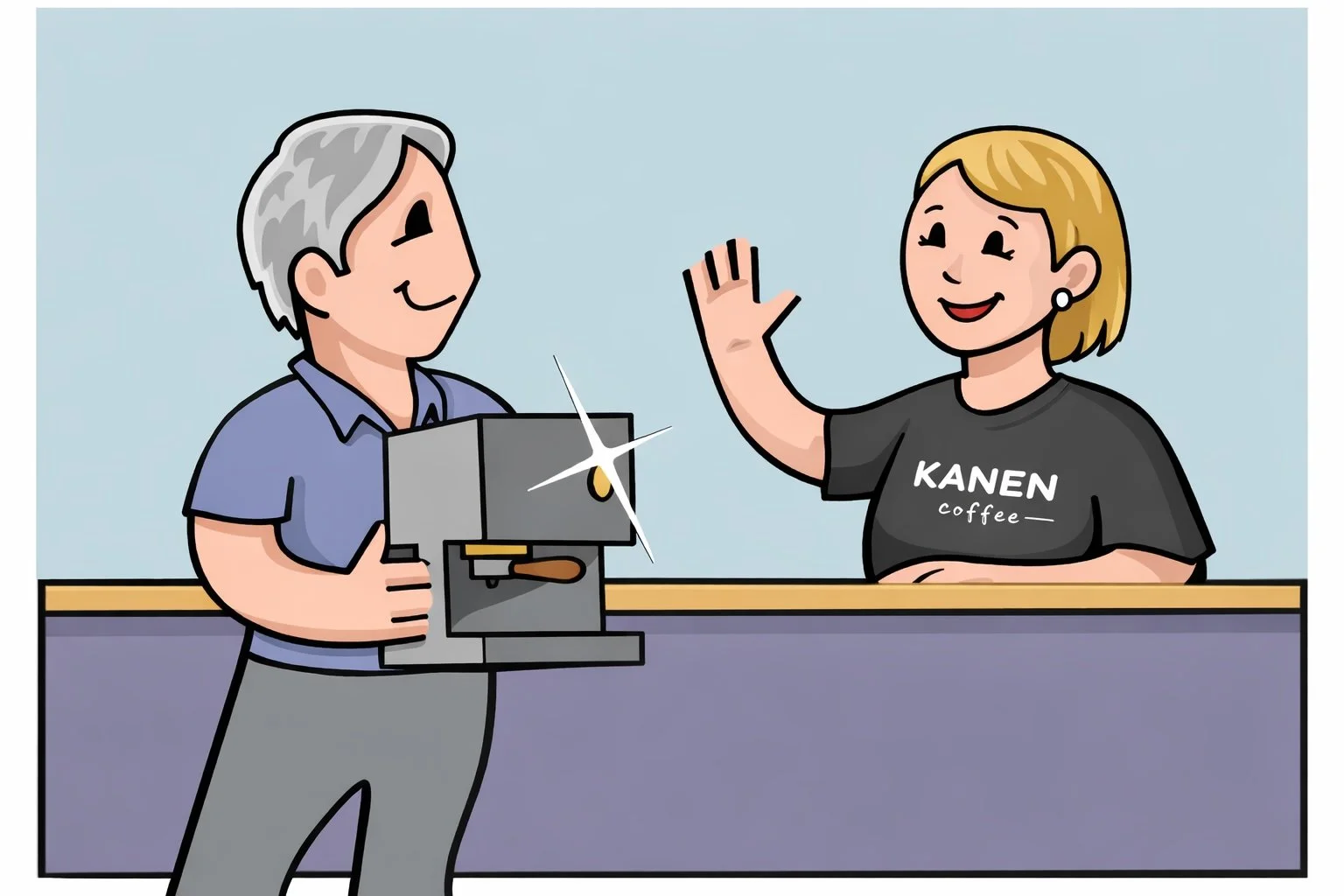 A person picking up their recently repaired espresso machine, smiling, while the technician waves.