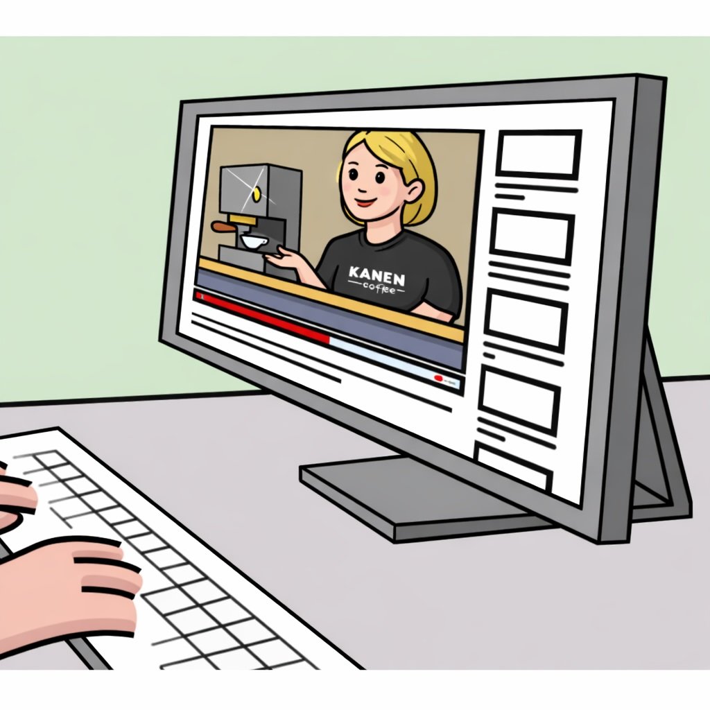 A person using a keyboard watches a video on a computer monitor, which shows a man with a beard sitting at a desk with an espresso machine, a small plant, and a book.