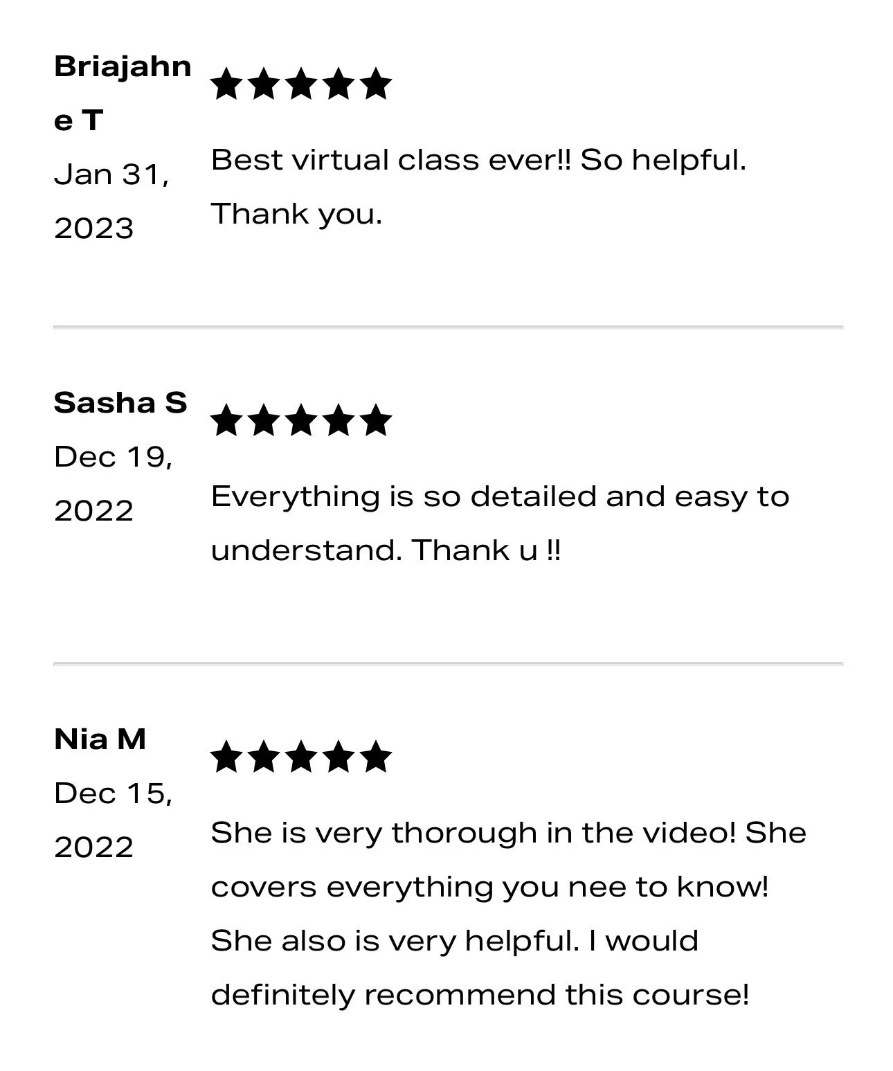 Customer reviews with star ratings, names, and dates, praising the effectiveness of a virtual class or course.