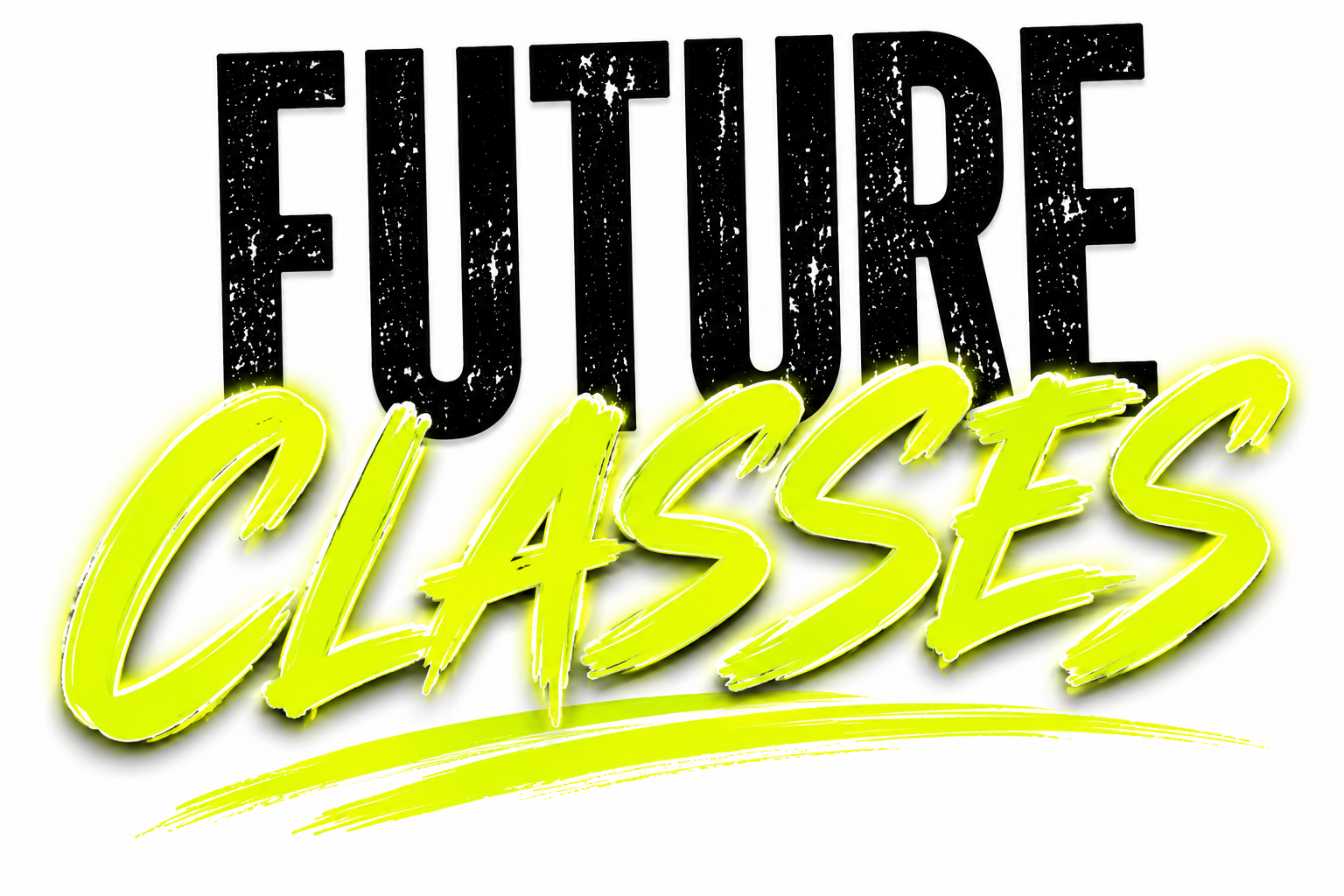 Text reading "FUTURE CLASSES" with 'FUTURE' in black distressed font and 'CLASSES' in bright yellow neon script with a glow effect, on a white background.