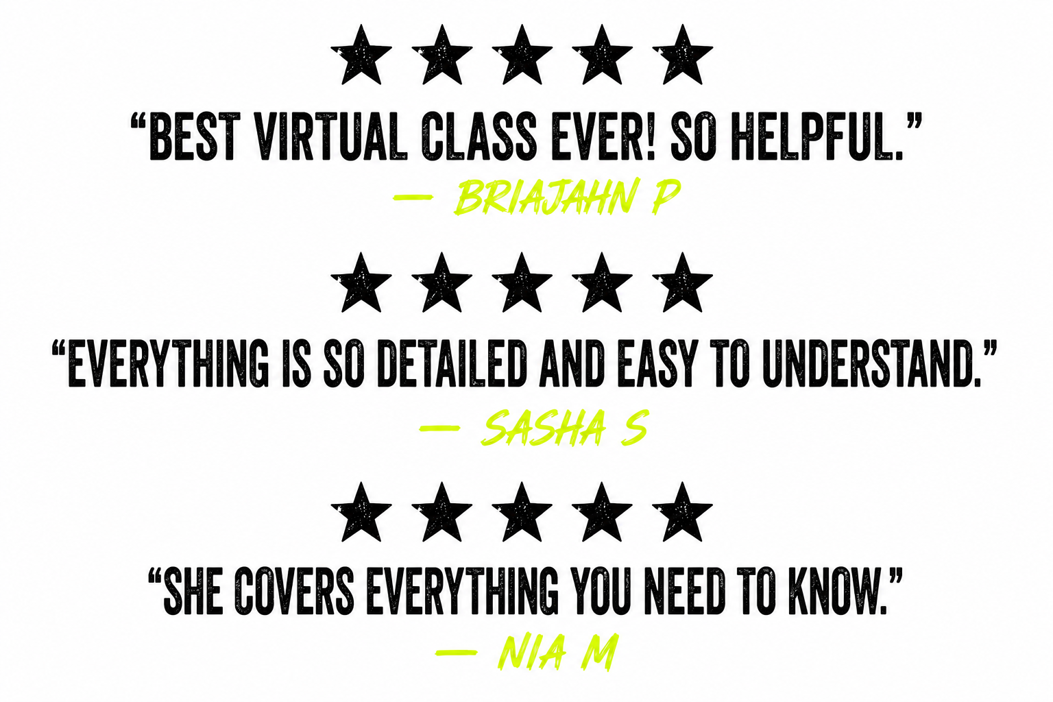 Three five-star reviews with quotes and names in black text, with yellow-highlighted names.
