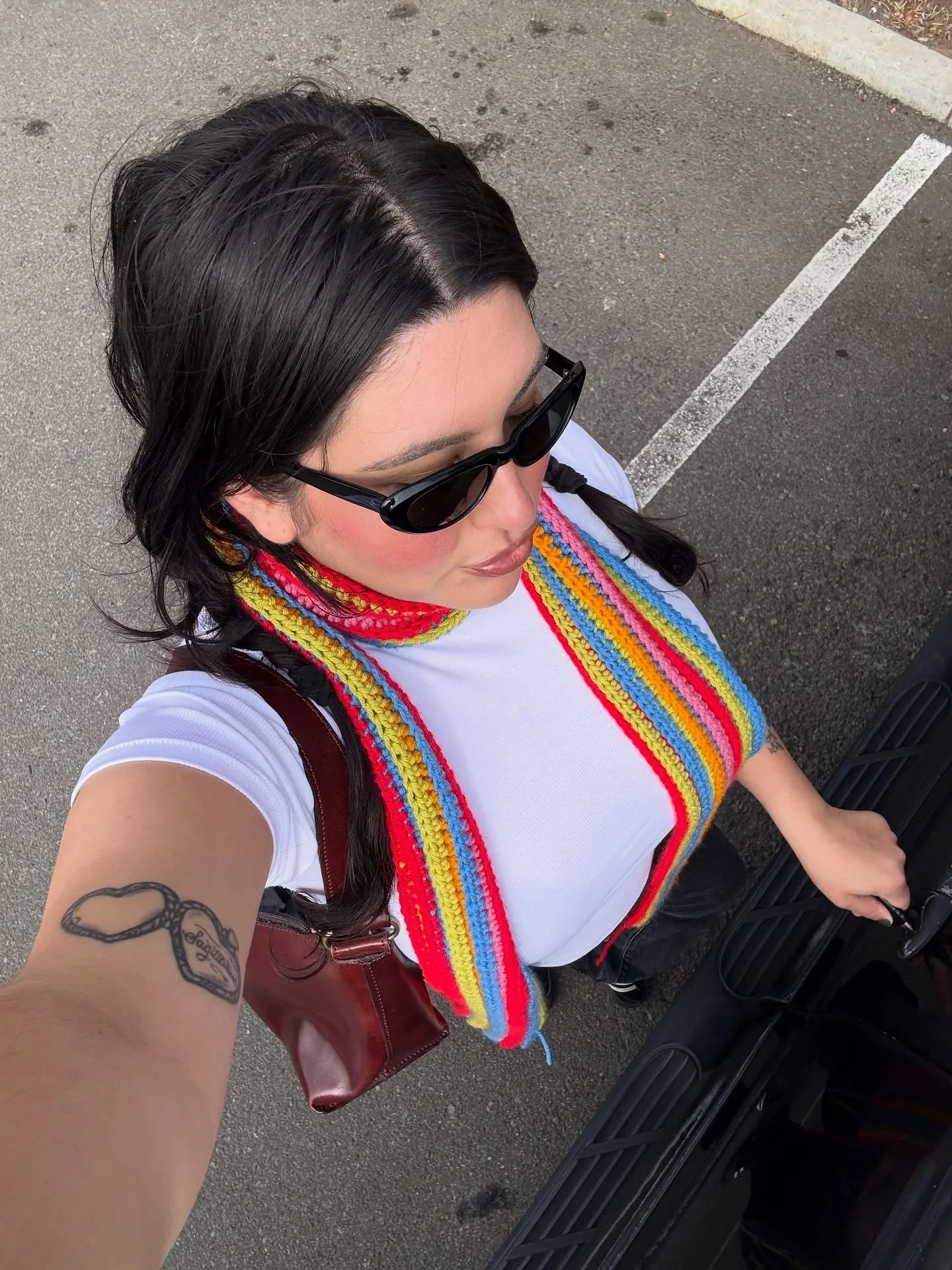 for those of you who have told me to my face you &quot;couldn't pull off&quot; or &quot;wouldn't know how to style&quot; my pieces, i give you &rarr;&rarr;&rarr;

@yo.its.mayaa styling a one of a kind striped scarf i crocheted in colors inspired by t