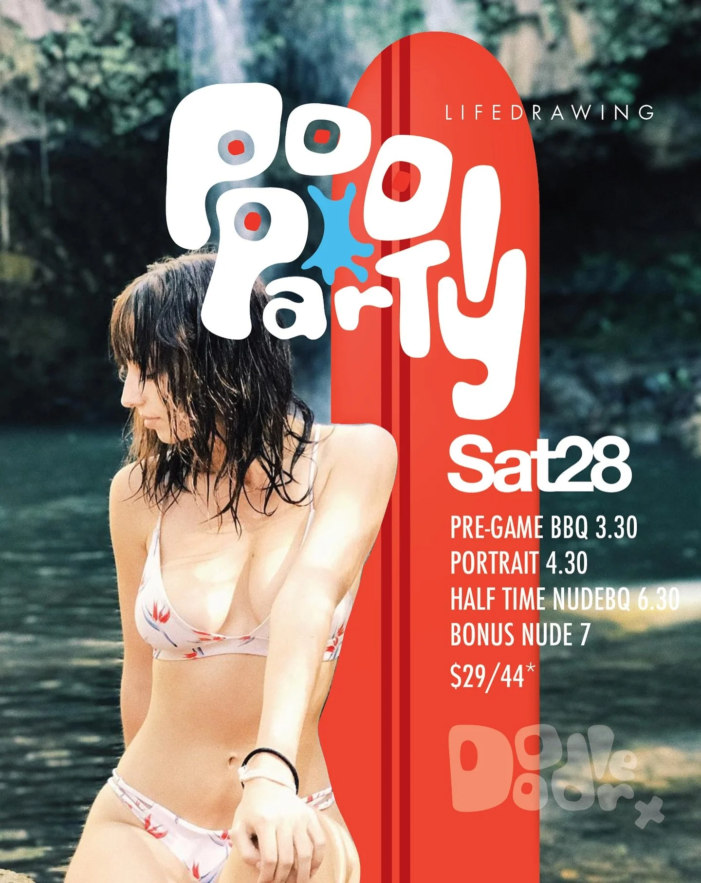 Celebrate the end of Summer this Saturday with 2 sessions of pool party themed posing. 4.30-6.30 single Portrait Pose with Zoe and 7-9 Bonus Nude, Free BBQ, very small pool, fun fun fun. Single session $29, or both for $44 ( members get $29 off). Boo