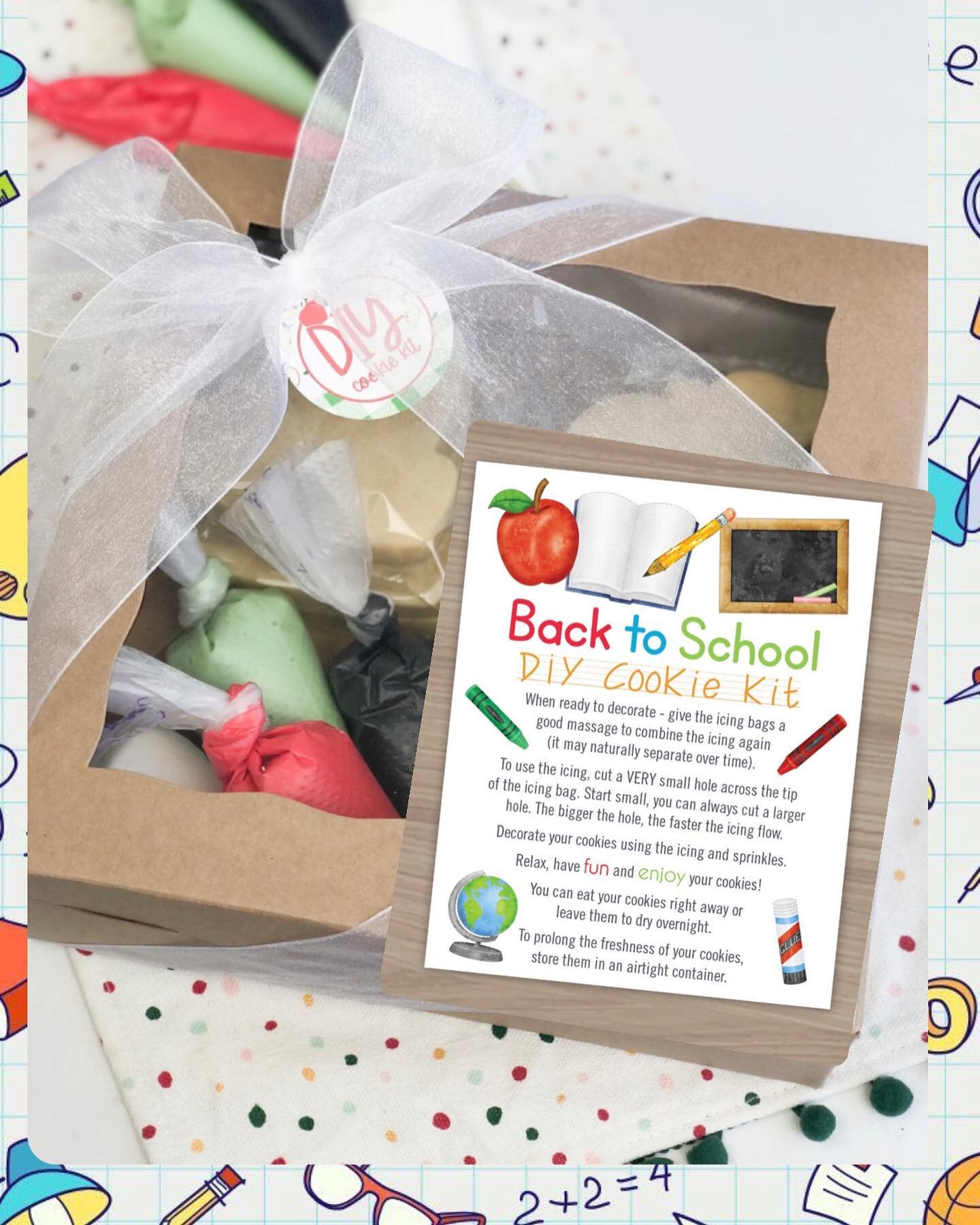 🍎📓✏️ PRESALE✏️📓🍎

BACK 2 SCHOOL DIY COOKIE KITS

🍎Dozen school themed sugar cookies 
✏️3 festive colors of my famous buttercream 
📓Sprinkles galore
🍎B2S Sticker Activity
✏️Fun and memorable way to celebrate a new school year! 

Kit pick up Sep