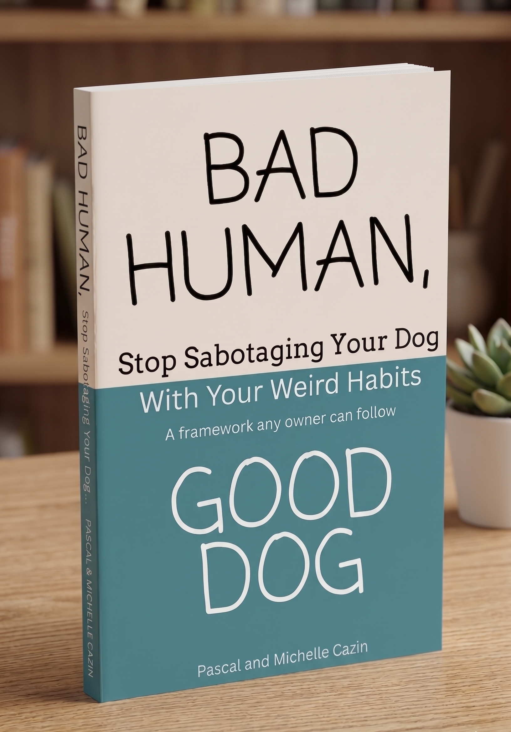 Book titled 'Bad Human, Stop Sabotaging Your Dog with Your Weird Habits' by Pascal and Michelle Cazin, standing on a wooden surface with a potted succulent plant in the background.