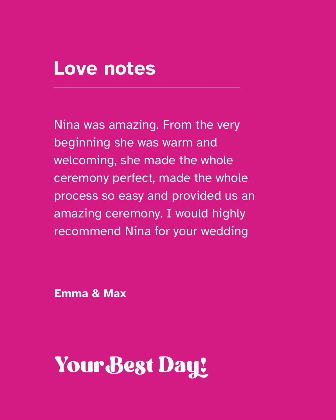 My biggest hope for every couple is that the planning feels easy, the ceremony feels personal, and the whole experience feels like you&rsquo;re doing it alongside a friend.

Reading reviews like this reminds me why I love what I do. Thank you for tru