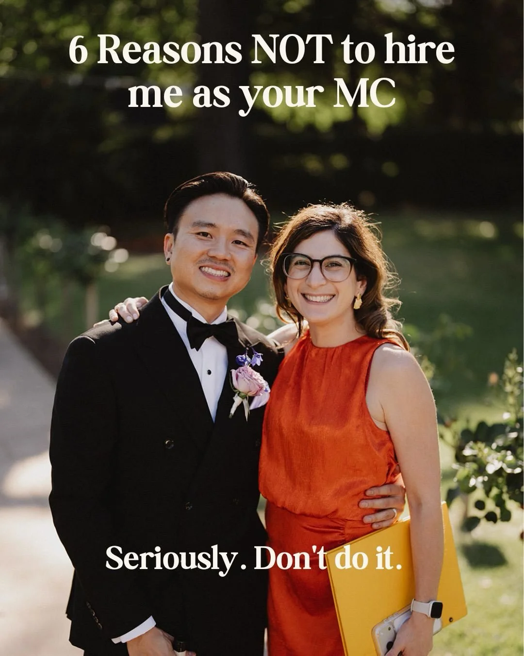 Please don&rsquo;t hire me as your wedding MC if micromanaging your own reception sounds like a good time. 😂

Seriously. If you love creating run sheets, chasing down speech-givers, watching the clock and making sure everyone knows where they&rsquo;