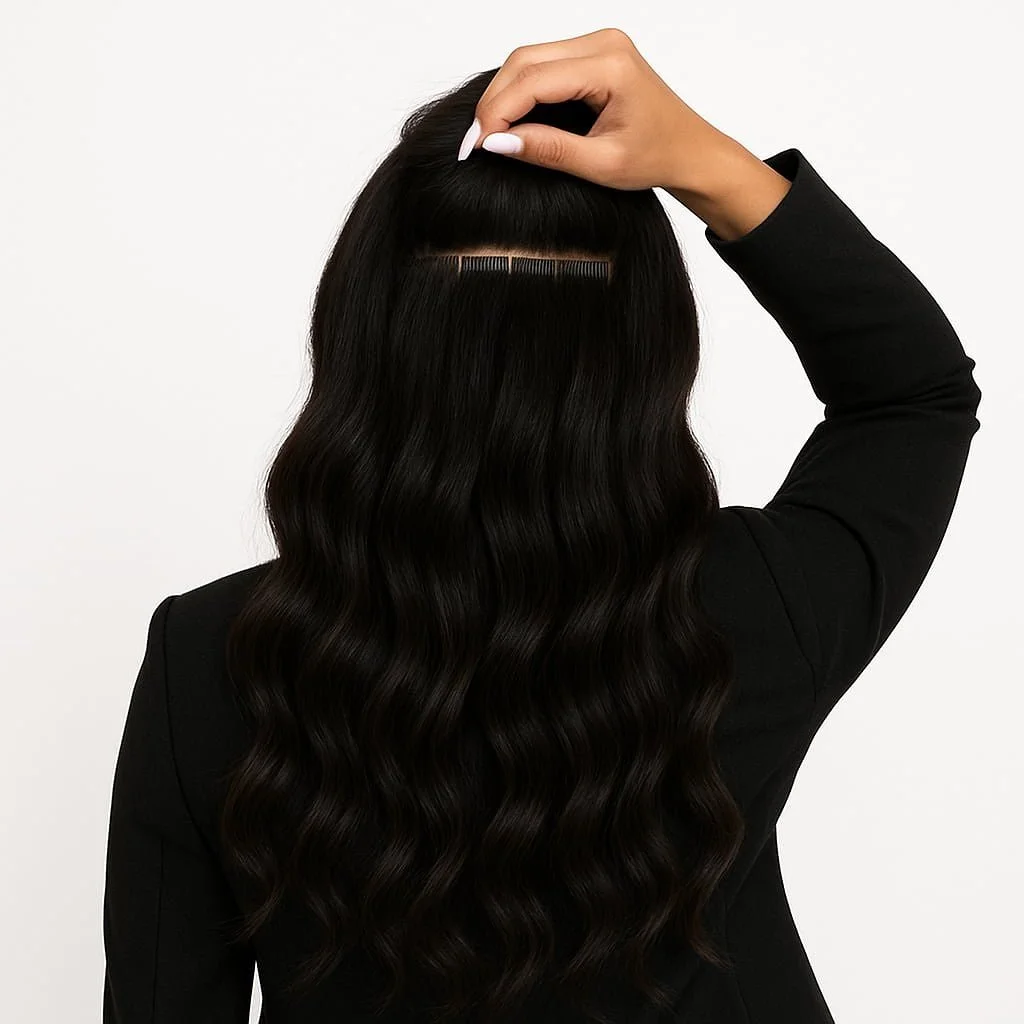 Natural black raw wavy tape-in hair extensions with smooth texture, natural bounce, and flat tabs for discreet professional styling