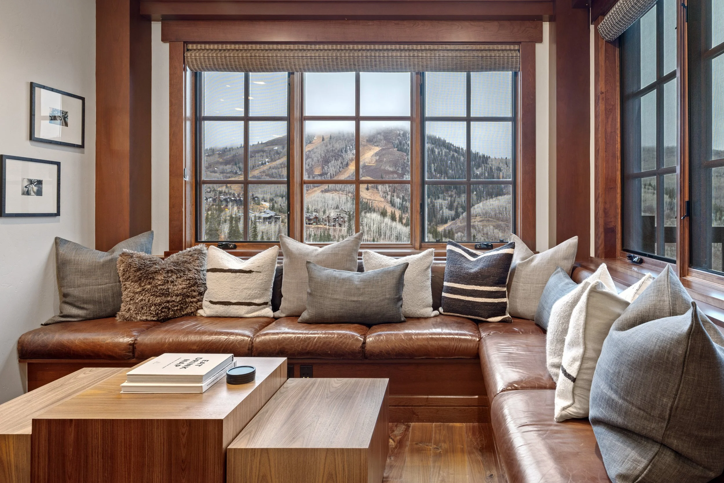 Cozy leather banquette nook — the perfect spot for a quiet morning coffee