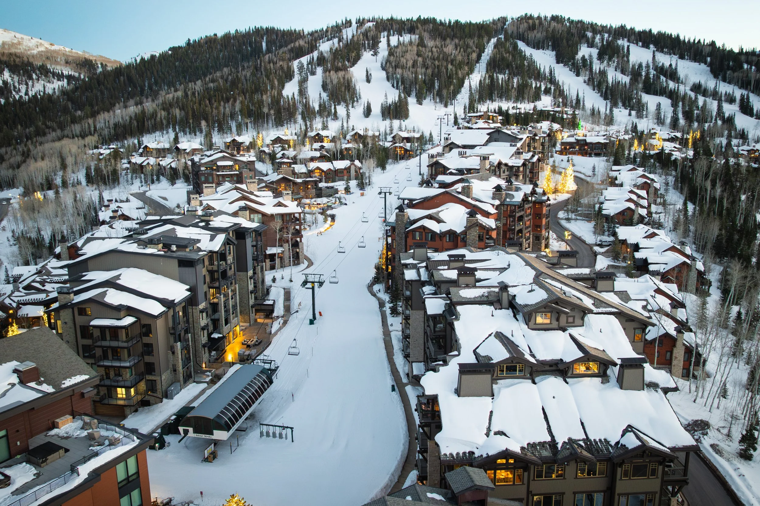 Aerial winter view of Empire Pass and the ski runs of Upper Deer Valley