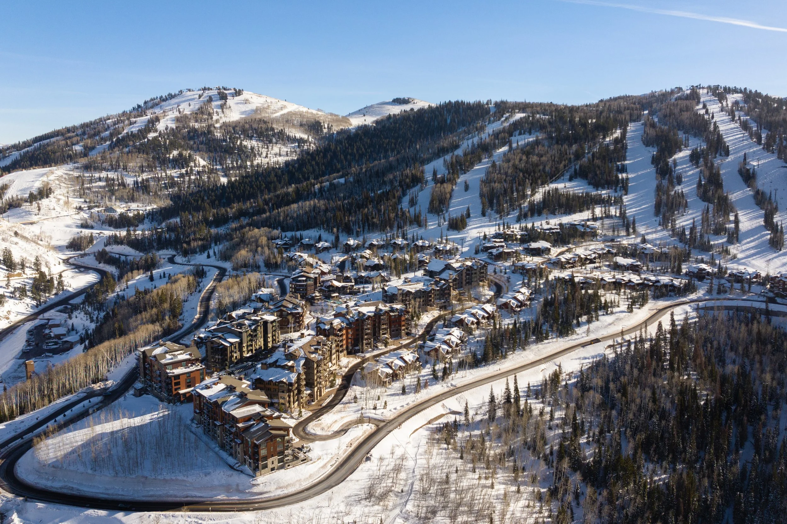 Aerial winter view of Empire Pass and the ski runs of Upper Deer Valley
