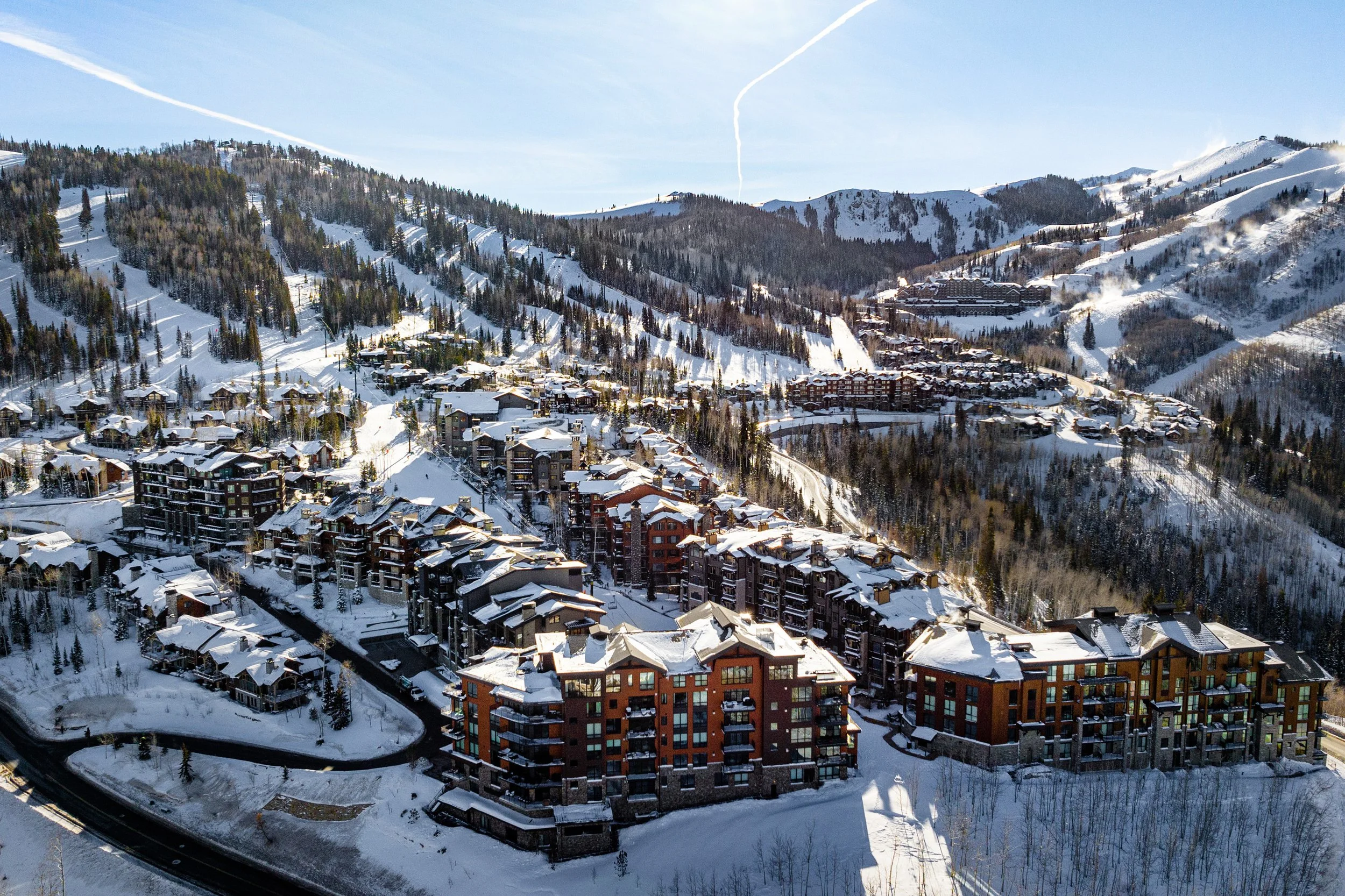 Empire Pass village blanketed in snow — 100% ski-in/ski-out to Deer Valley