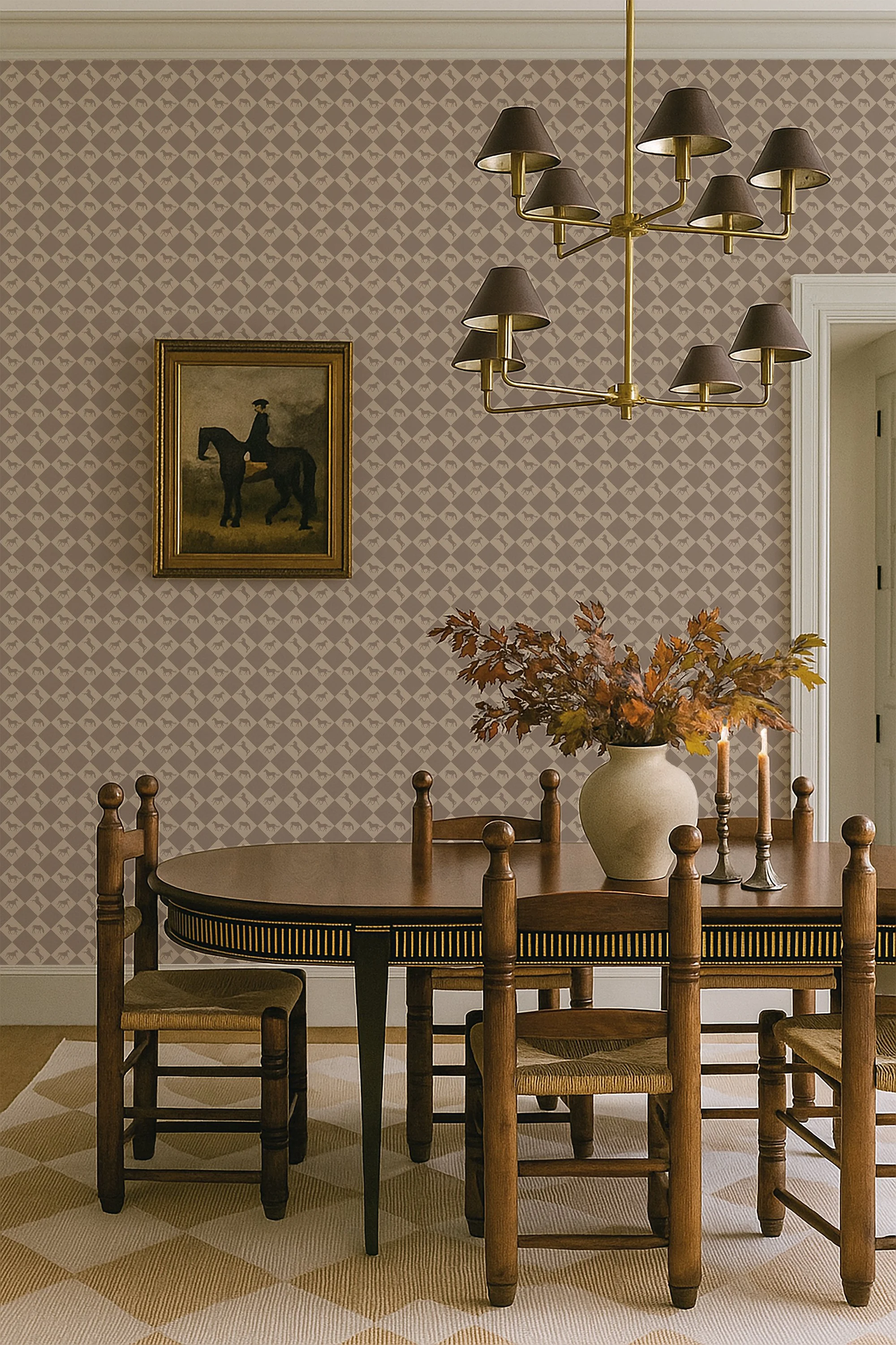 small brown checker horses dining room.jpg