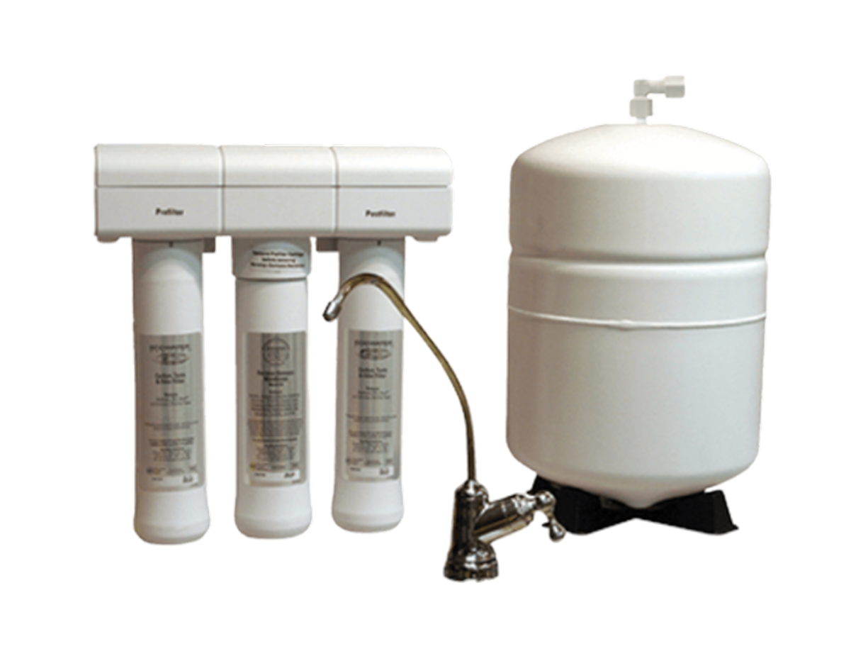 Water filtration system with three filter cartridges connected to a white tank and a faucet.