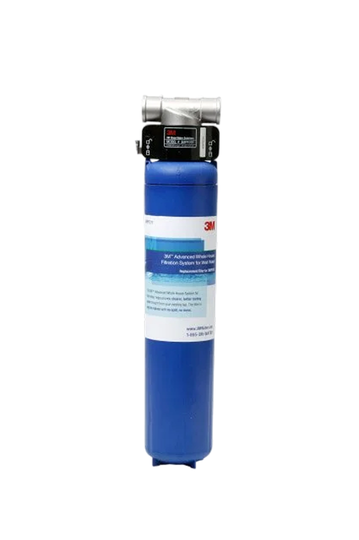 3M water filtration system with a blue filter cartridge and metal connector.