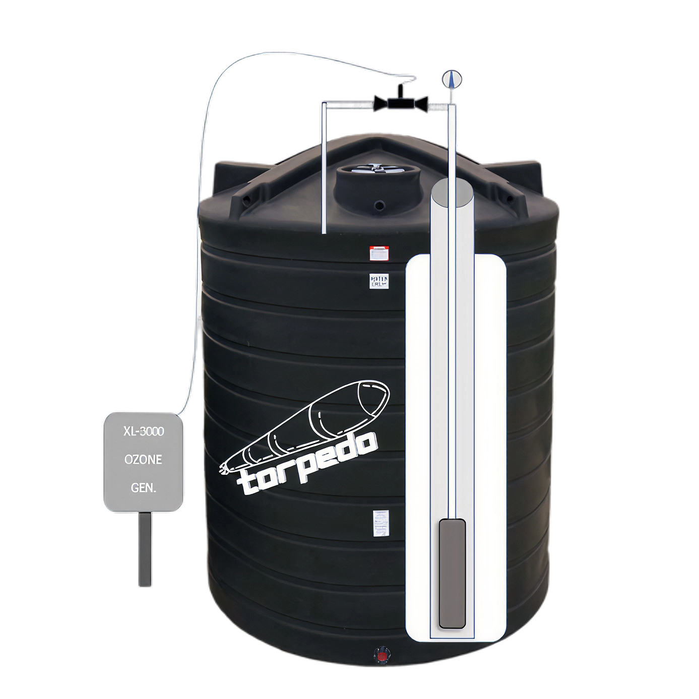 Black cylindrical water tank with logo, connected to ozone generator and monitoring equipment.