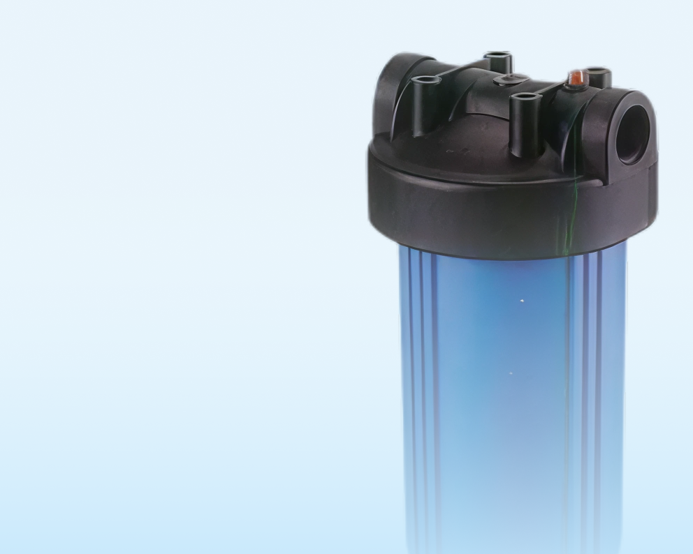 A water filtration system with a black top and a blue cylindrical body.