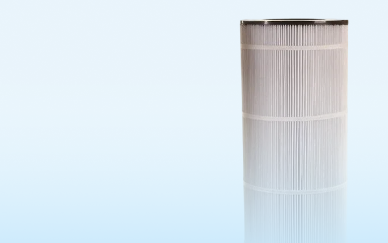 An air filter with a cylindrical shape, white pleated filter material, and black top edge, standing against a light blue background.