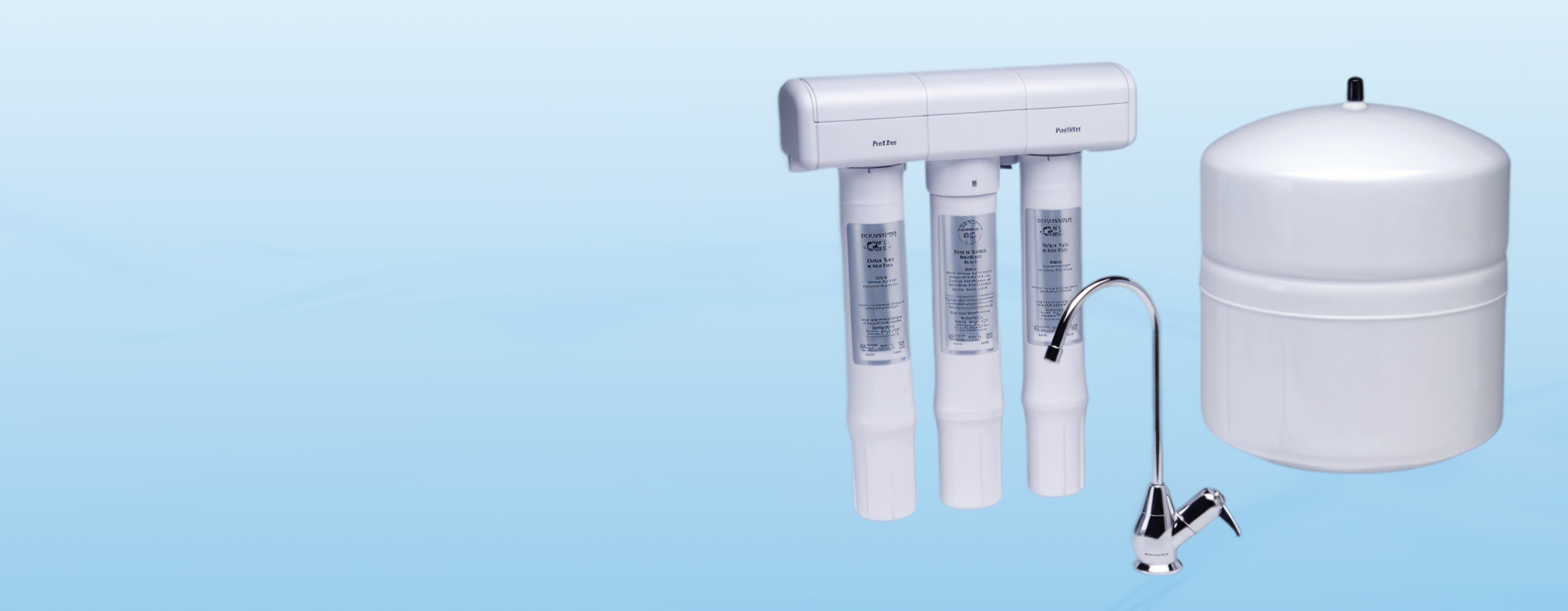 Reverse osmosis water filtration system with filters, faucet, and storage tank against a light blue background.