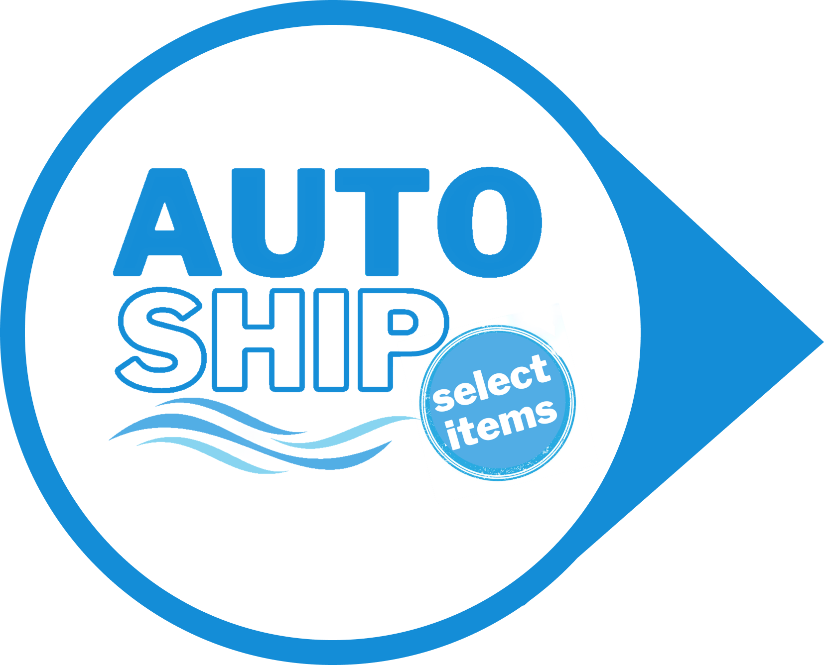Blue and white circular logo with the words 'AUTO SHIP' and a blue circle containing the text 'select items,' along with wavy lines.