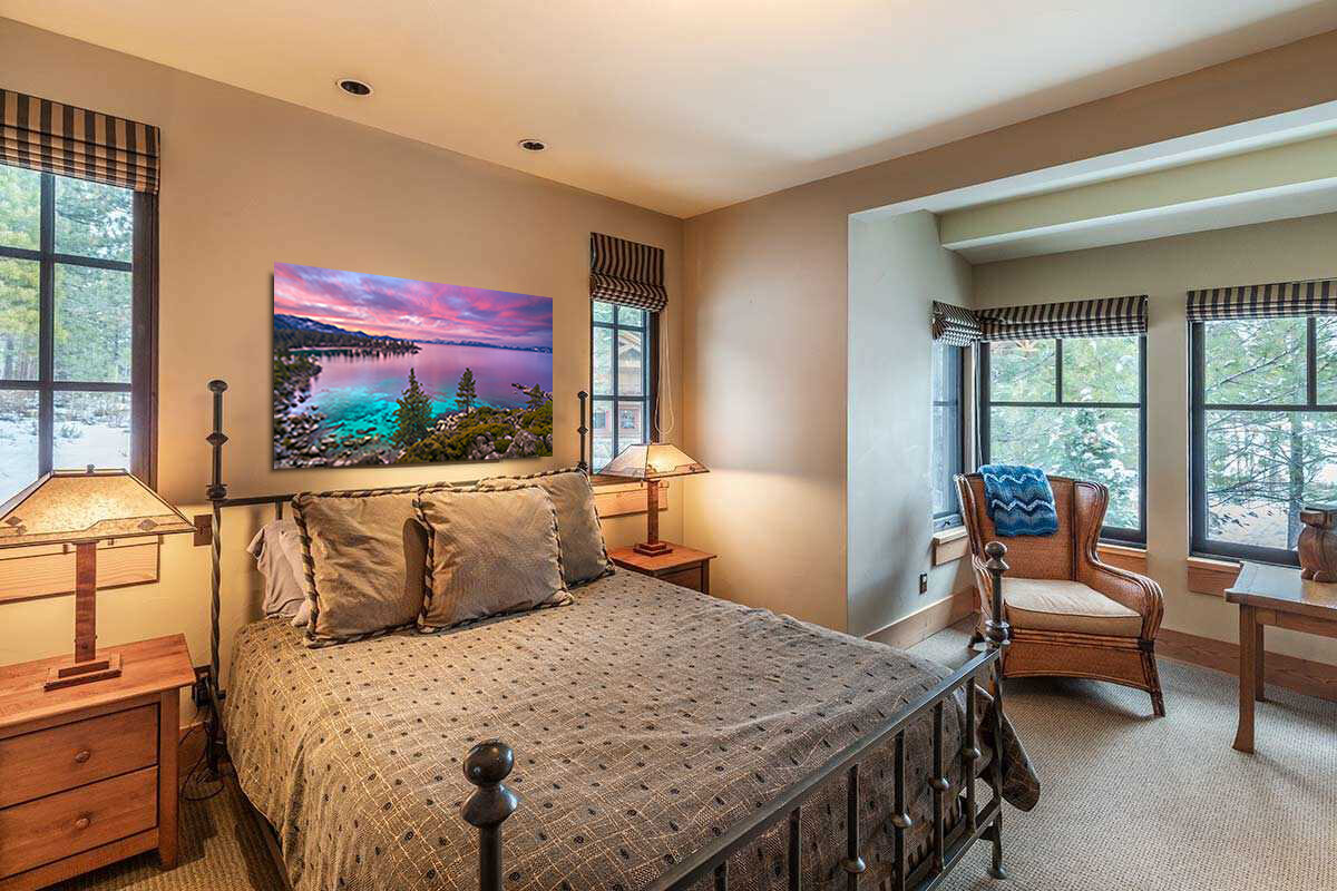 Lake Tahoe photo displayed in a bedroom
