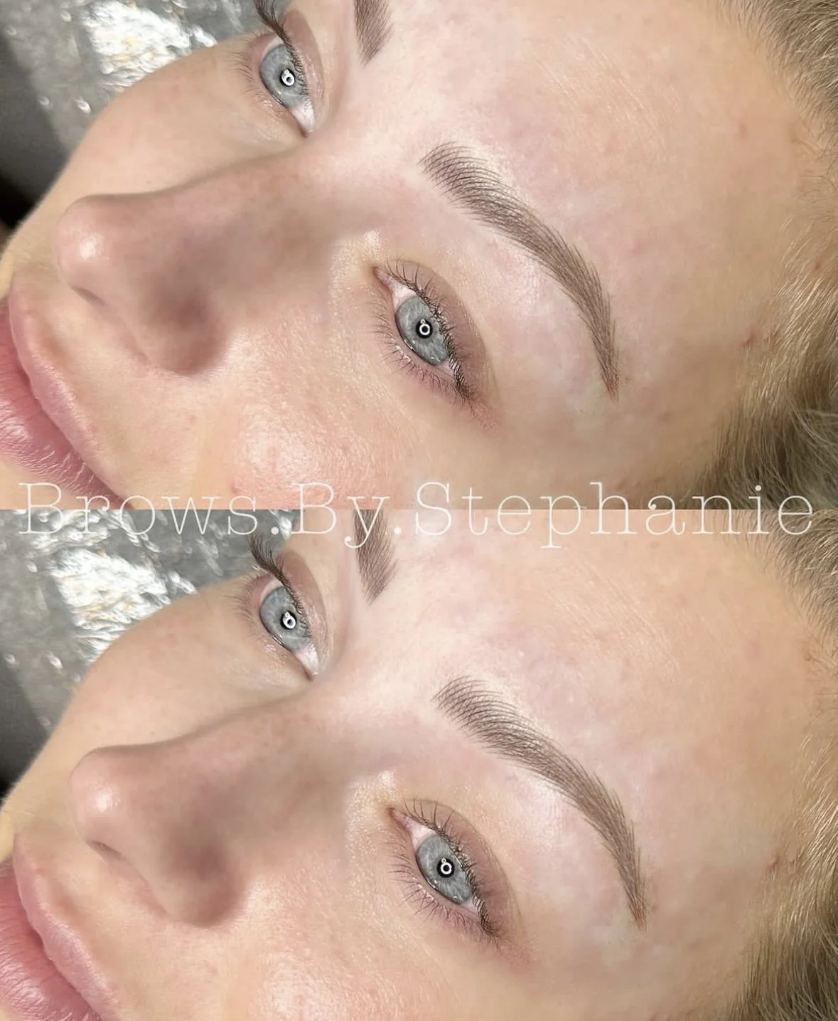 Close-up of a woman's face showing her eyebrows before and after microblading treatment, with text overlay 'Brows By Stephanie'.