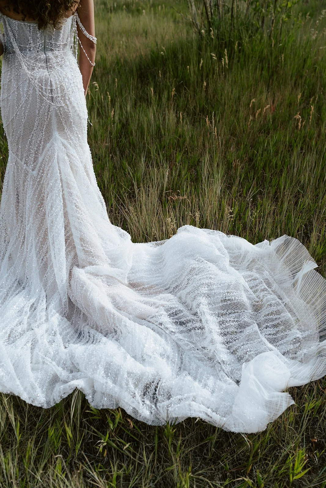 a bride wearing a beaded wedding gown in a sunlit meadow. Photography by Poise and Ivy Imagery