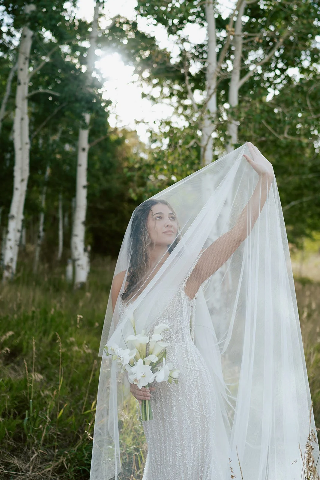 a bride stands in a lush aspen grove under her long wedding veil holding a bridal bouquet of calla lilies and wearing a white beaded gown. photography by Poise and Ivy Imagery