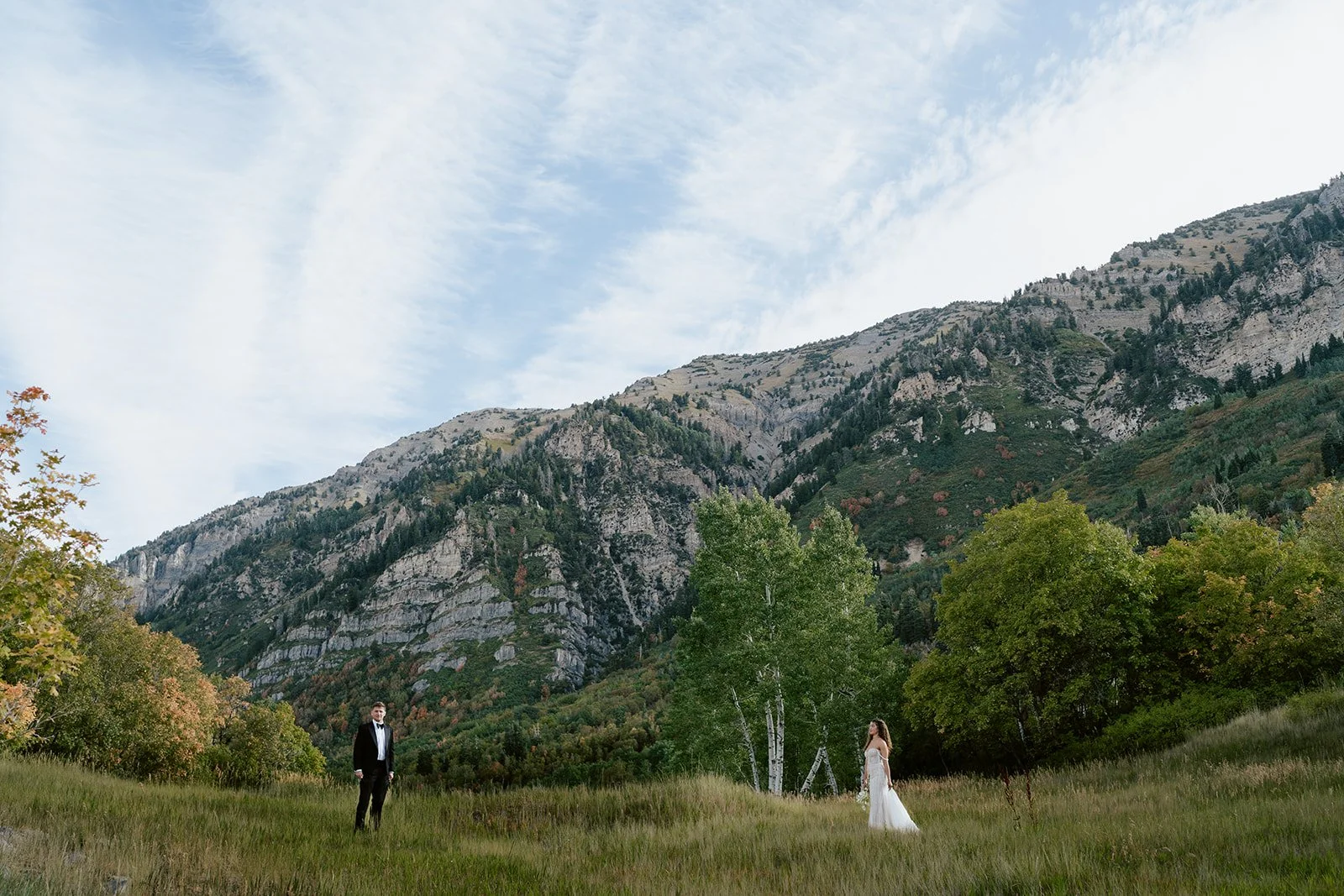 a bride and a groom stand together through a sunlit meadow. the bride wears a beaded wedding gown and the groom wears a tuxedo. Photography by Poise and Ivy Imagery