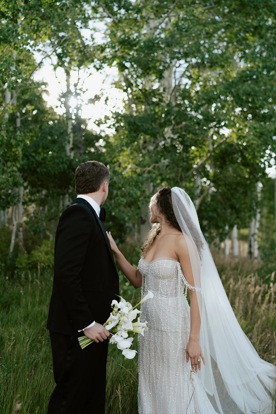 a bride and a groom stand together in a lush aspen grove. the bride wears a beaded wedding gown and the groom wears a tuxedo. Photography by Poise and Ivy Imagery