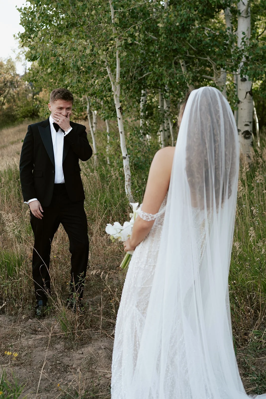 a bride and a groom stand together in a lush aspen grove. the bride wears a beaded wedding gown with a bridal veil and the groom wears a tuxedo. Photography by Poise and Ivy Imagery