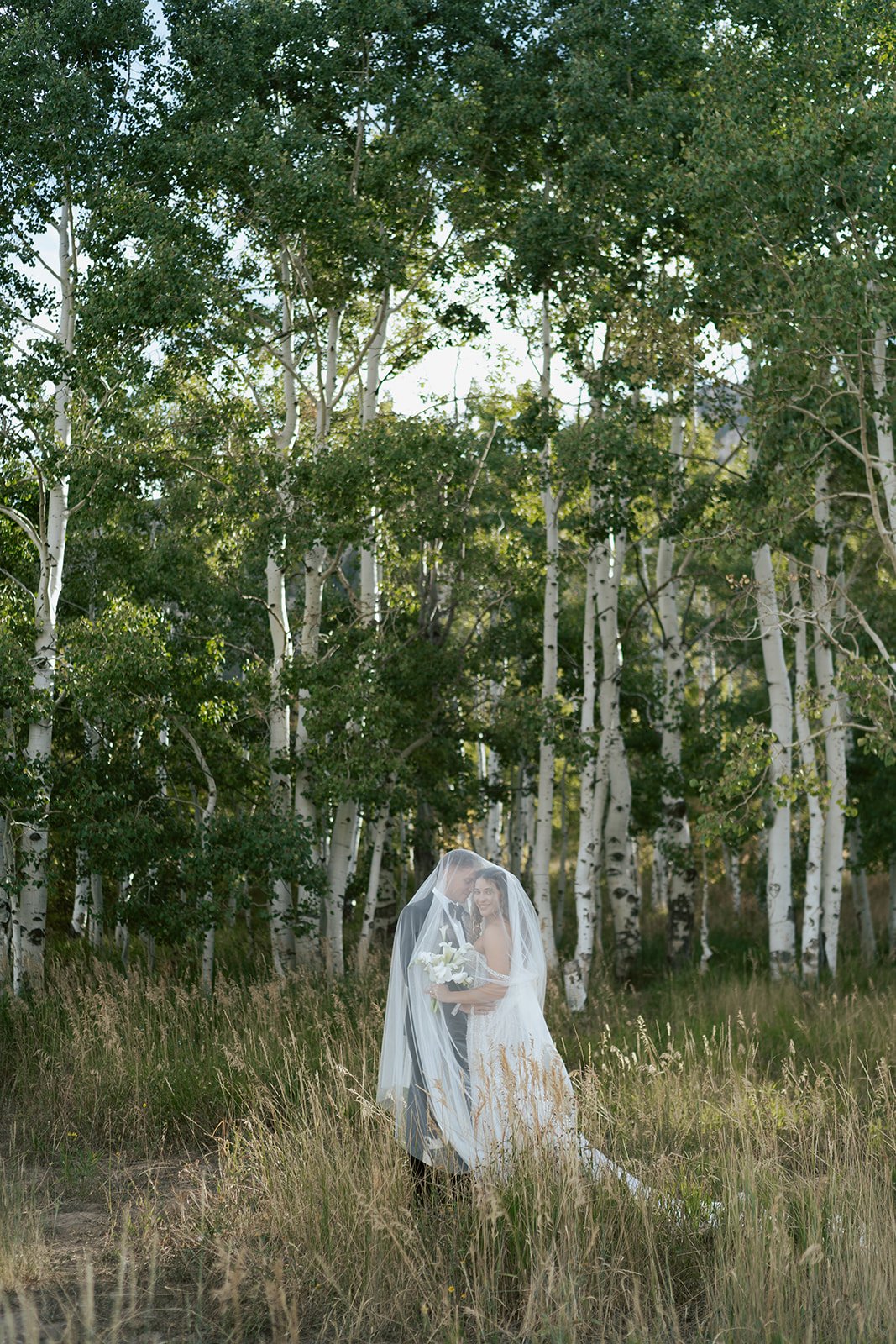 a bride and a groom stand together under a long bridal veil in a lush aspen grove. the bride wears a beaded wedding gown and the groom wears a tuxedo. Photography by Poise and Ivy Imagery