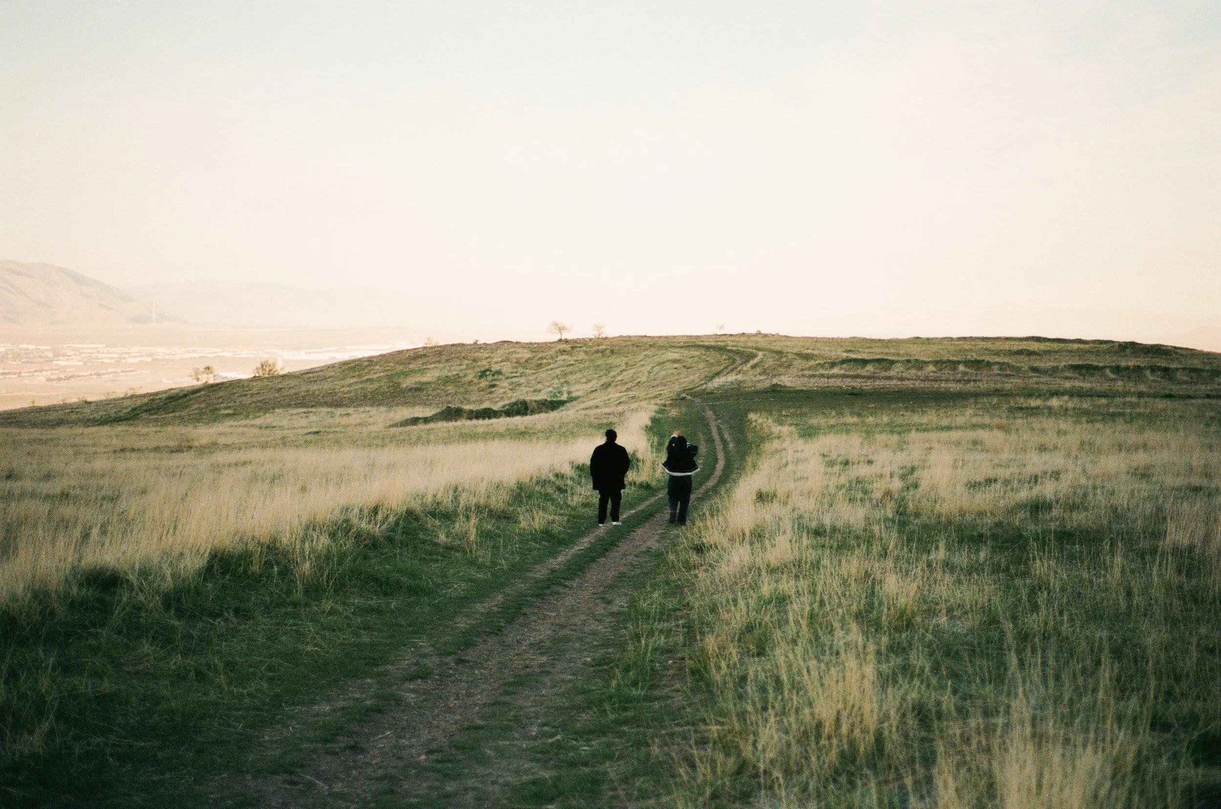 A couple stands together in a softly lit grassy field, photographed on color negative film by Poise and Ivy Imagery