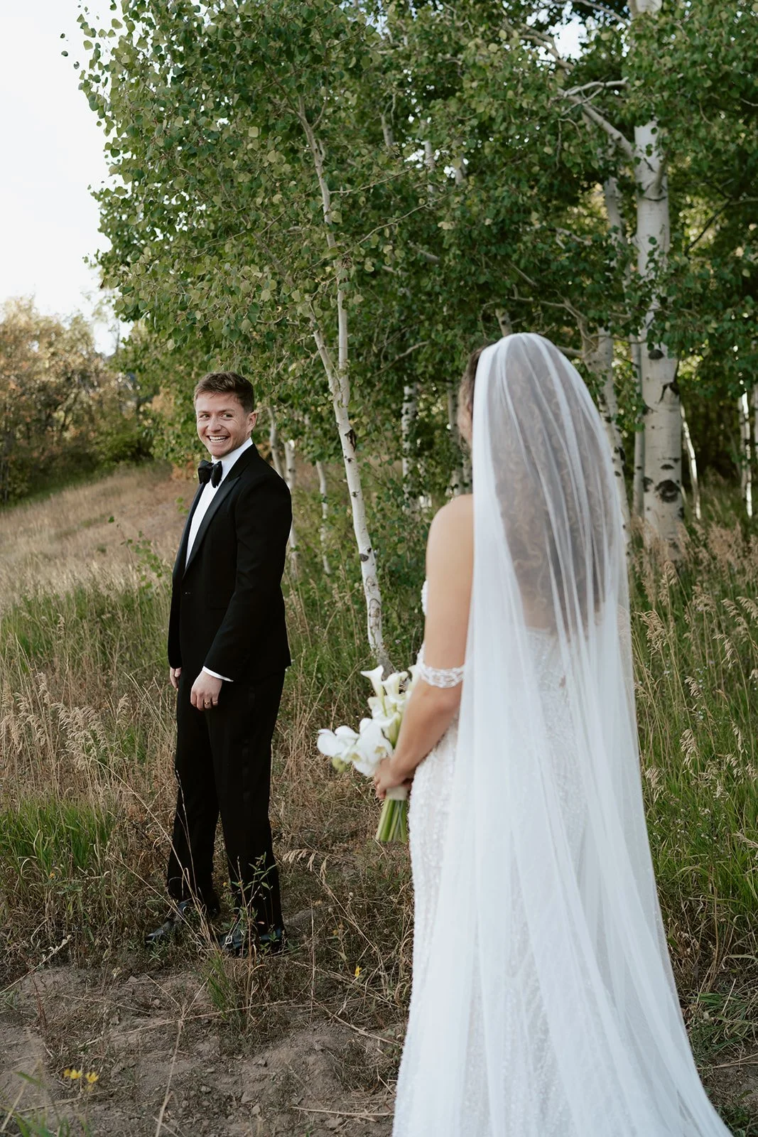 a bride and a groom stand together in a lush aspen grove. the bride wears a beaded wedding gown with a bridal veil and the groom wears a tuxedo. Photography by Poise and Ivy Imagery
