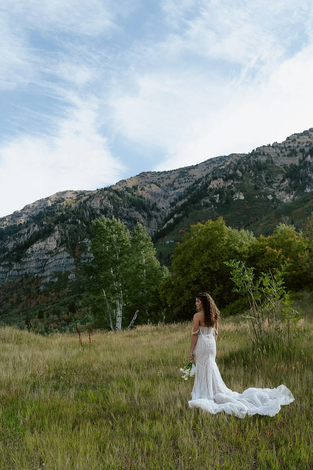 a bride wearing a beaded wedding gown in a sunlit meadow. Photography by Poise and Ivy Imagery