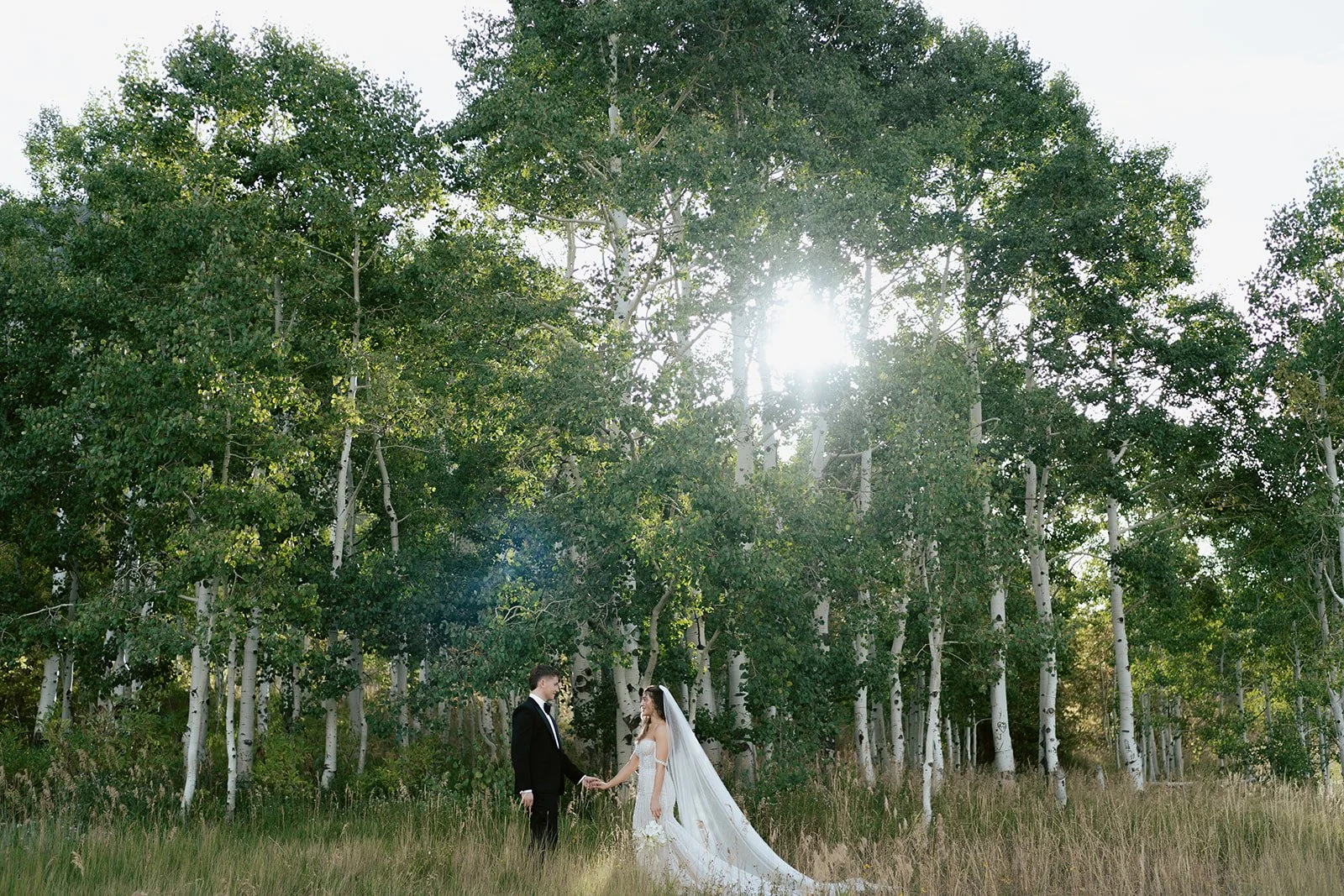 A bride and groom in a beaded wedding gown and a black tuxedo respectively stand near a lush aspen grove