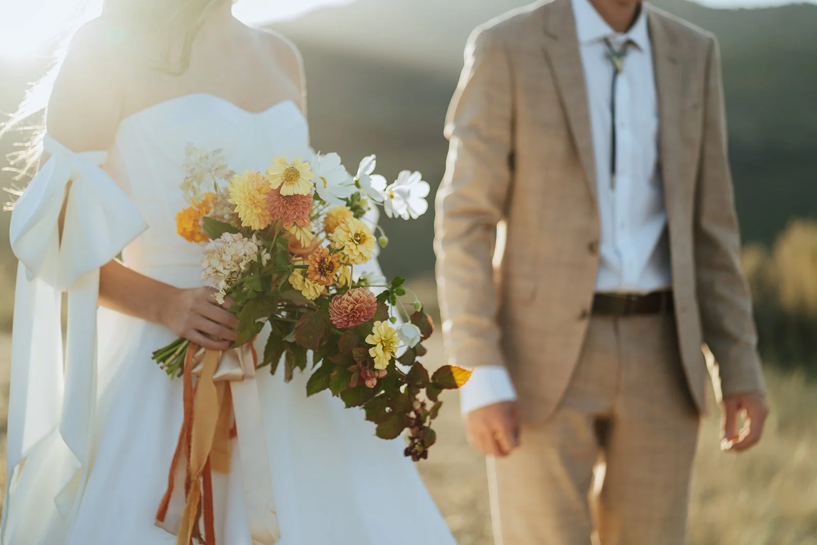 A bride and groom in a wedding gown and a tan suit stand in a meadow with mountainous peaks behind them - photography by Poise and Ivy Imagery