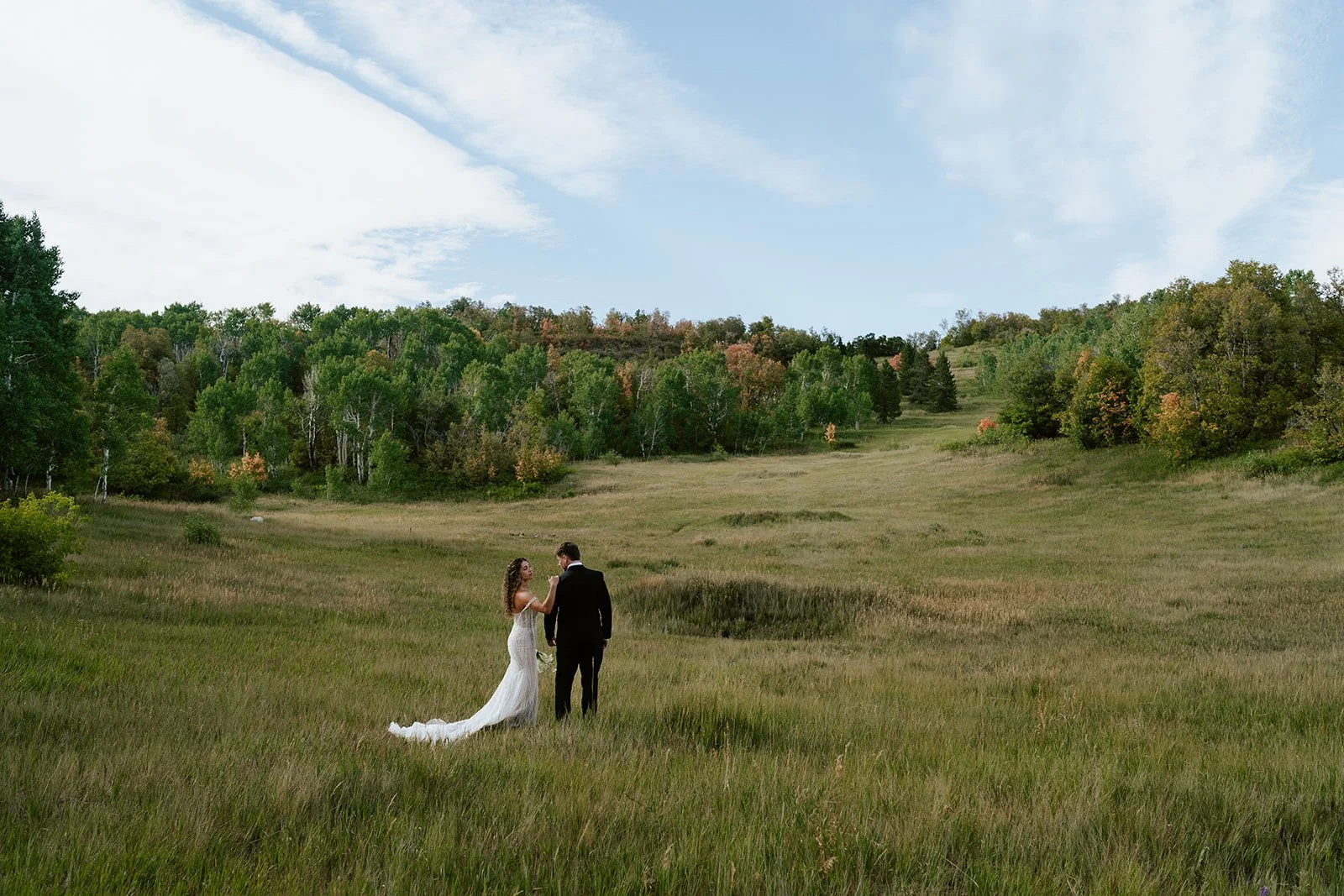 a bride and groom stand together in a softly sunlit meadow, wearing a beaded wedding gown and a black tuxedo. Photography by Poise and Ivy Imagery