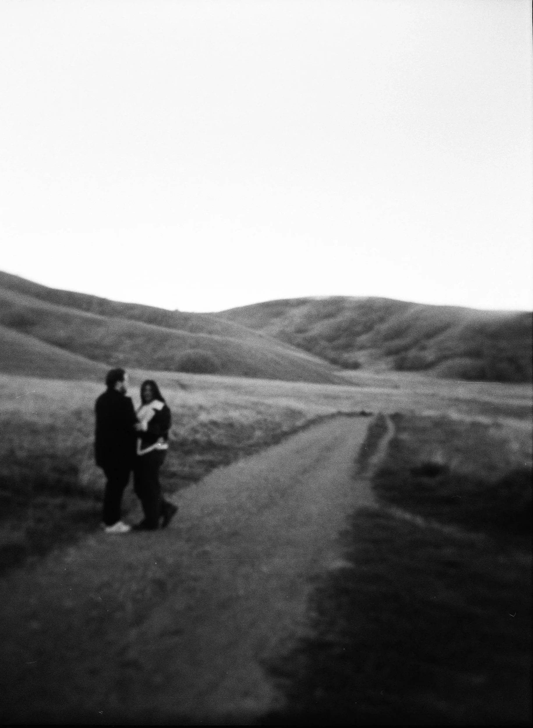 A couple stands together in a softly lit grassy field on black and white medium format film - photography by Poise and Ivy Imagery