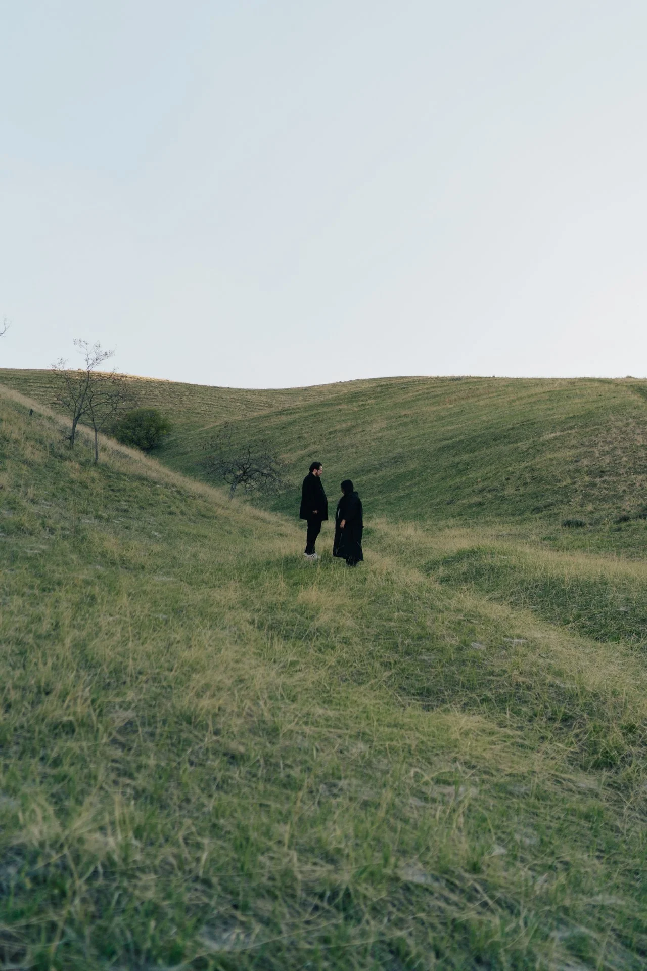 a couple stands together in a softly lit green field together - photographed by poise and ivy imagery