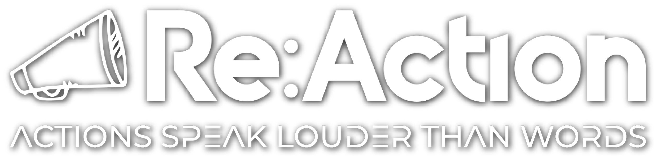 Logo with a megaphone icon and the words "Re:Action" with the tagline "Actions Speak Louder Than Words" underneath.