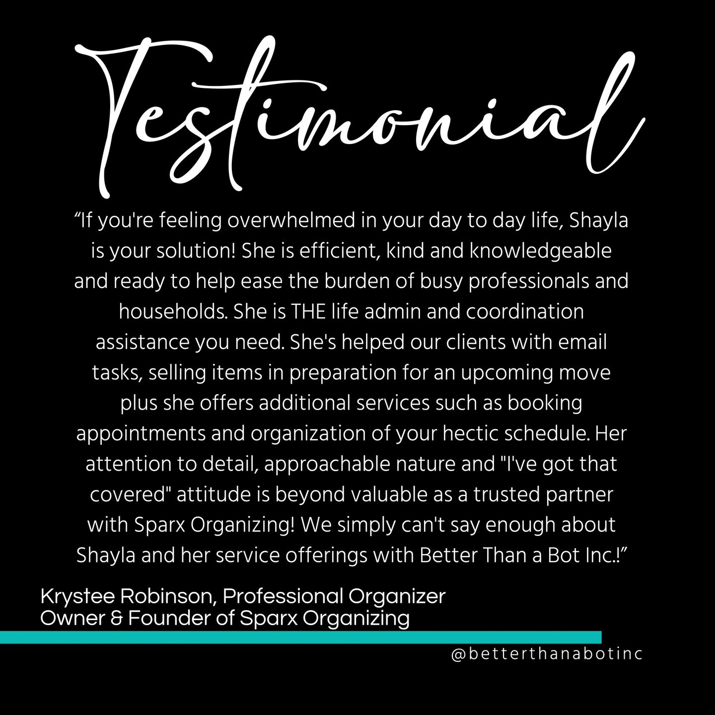 This thoughtful testimonial from Krystee, owner and founder of @sparxorganizing, truly made my day!

Krystee and I have been collaborating pretty much since I started @betterthanabotinc, and it has been such a natural partnership. While we both suppo