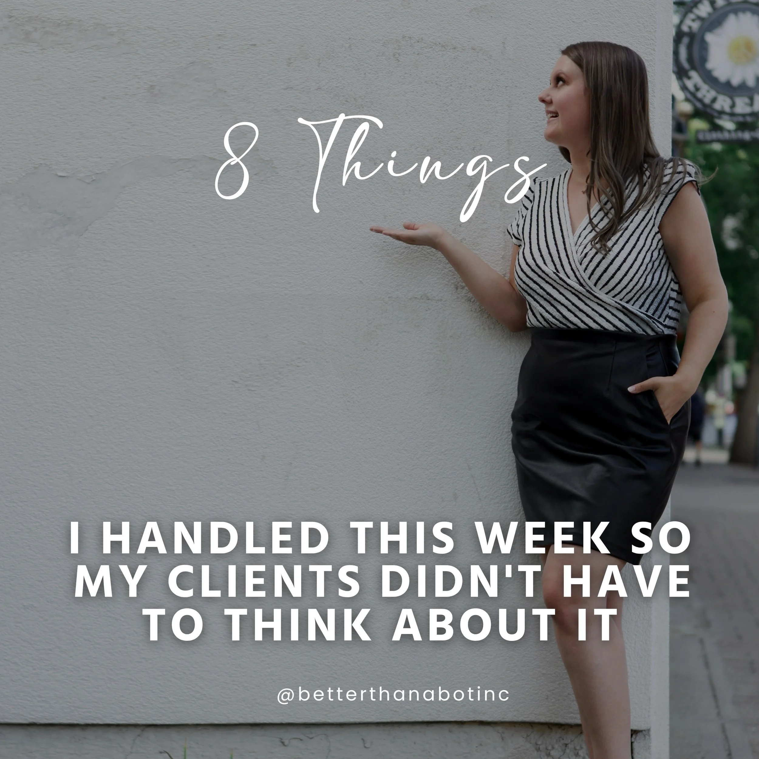 Here&rsquo;s everything I am handling this week so my clients don&rsquo;t have to think about it:

✔️ Booking appointments
✔️ Managing calendars, emails and research 
✔️ Picking up and dropping off donations
✔️ Taking an elderly parent to run errands