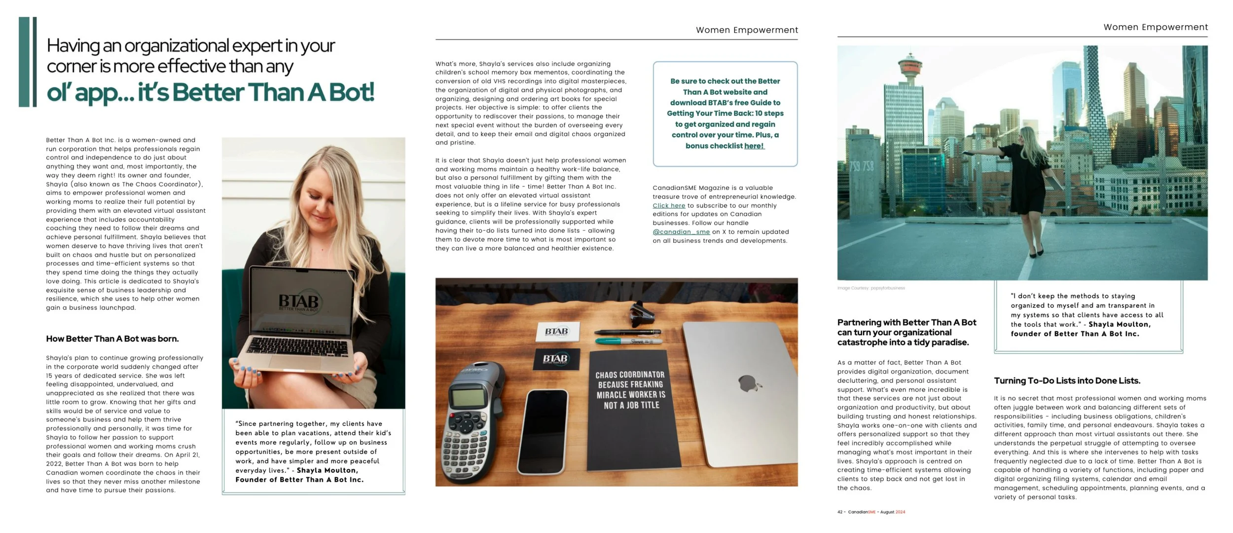 Open magazine spread featuring women empowerment articles, with images of a woman holding a laptop, a city skyline rooftop, and various organized office supplies.
