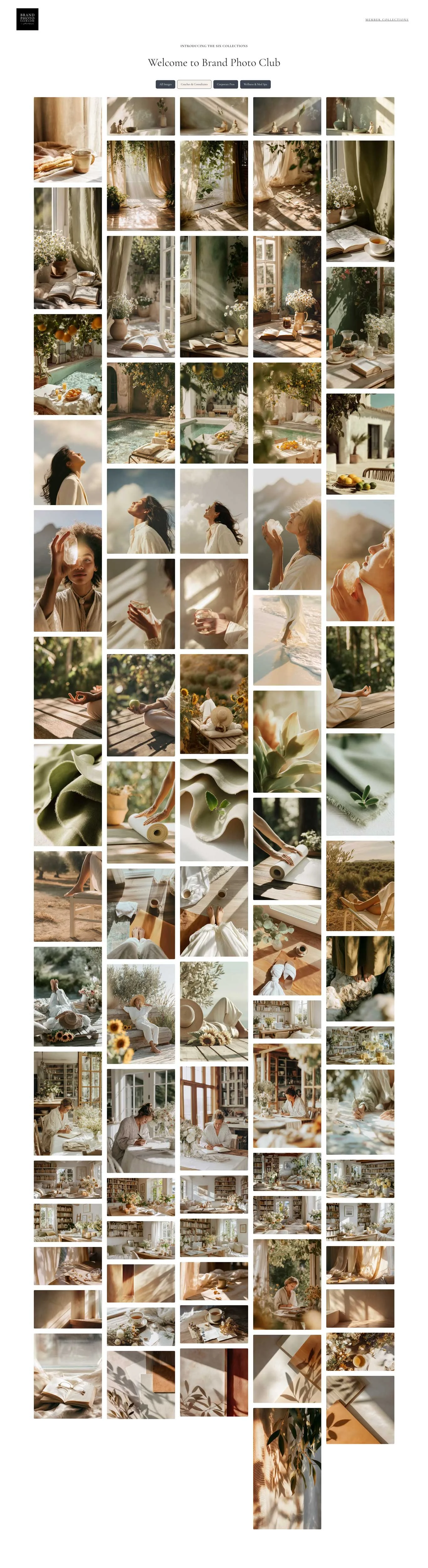 Collage of images depicting a serene, sunlit interior and exterior outdoor scenes with women relaxing, reading, meditating, and engaging in creative activities. The images feature natural light, plants, flowers, and cozy indoor spaces with books, tea, and candles, alongside tranquil outdoor settings like swimming pools, nature, and countryside landscapes.
