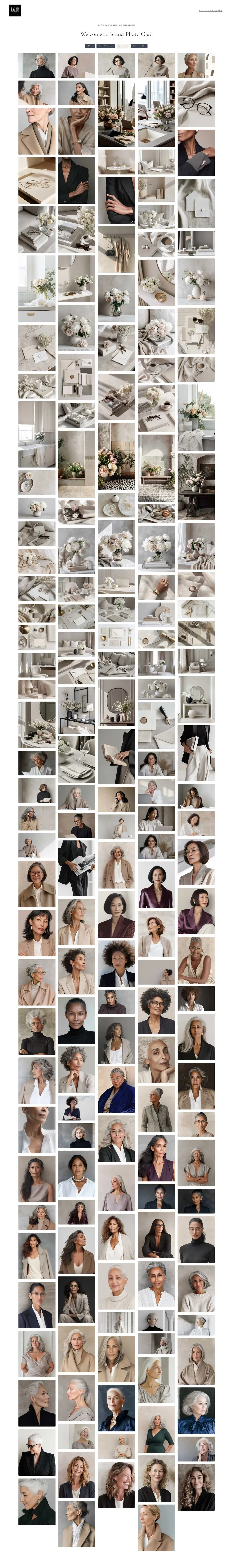 Collage of black-and-white and color photographs of women of various ages and ethnicities, many with gray or white hair, wearing professional or casual clothing, in different settings and expressing various emotions.