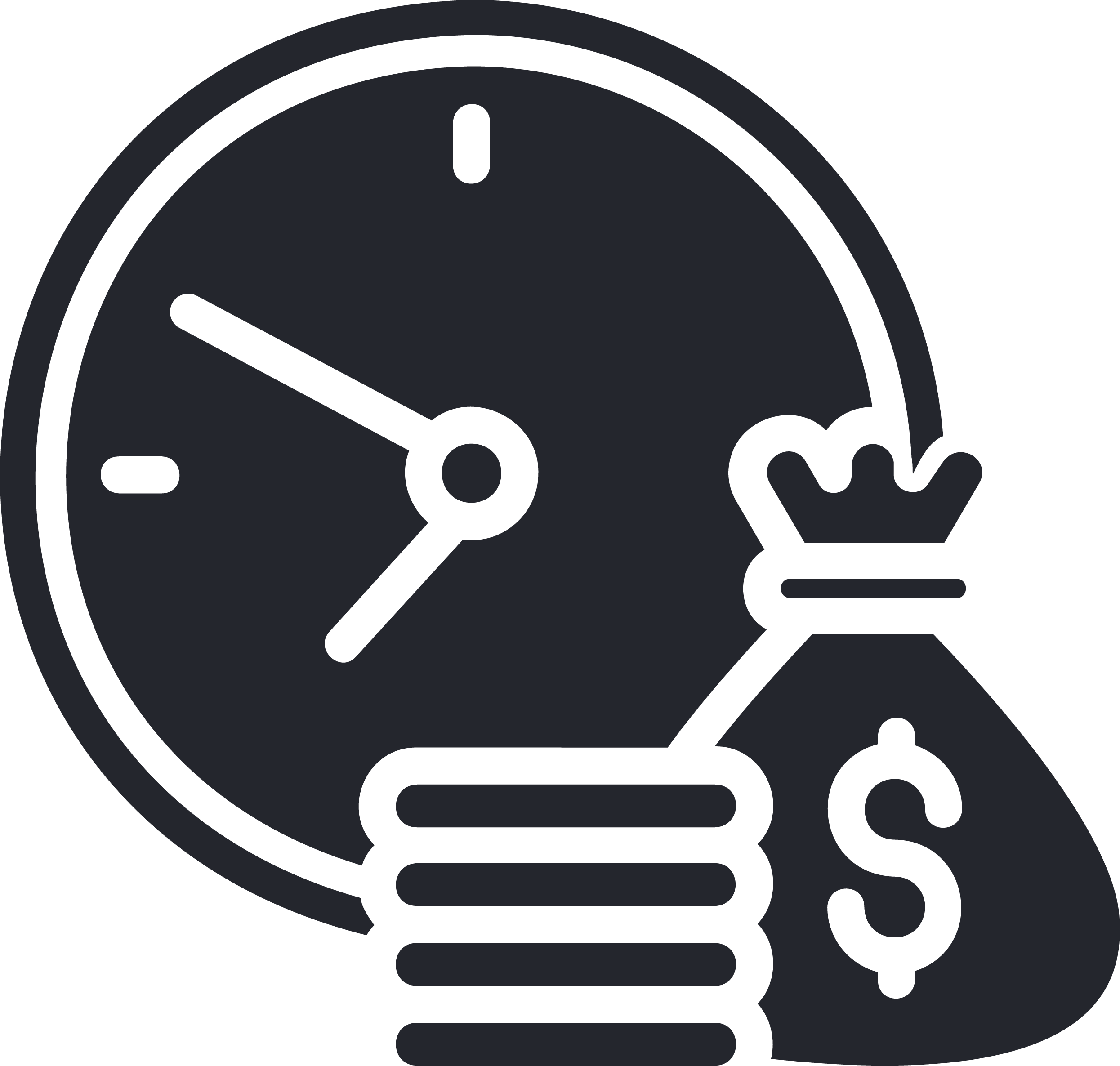 Clock showing 7:50, with a stack of coins and a money bag with a dollar sign.